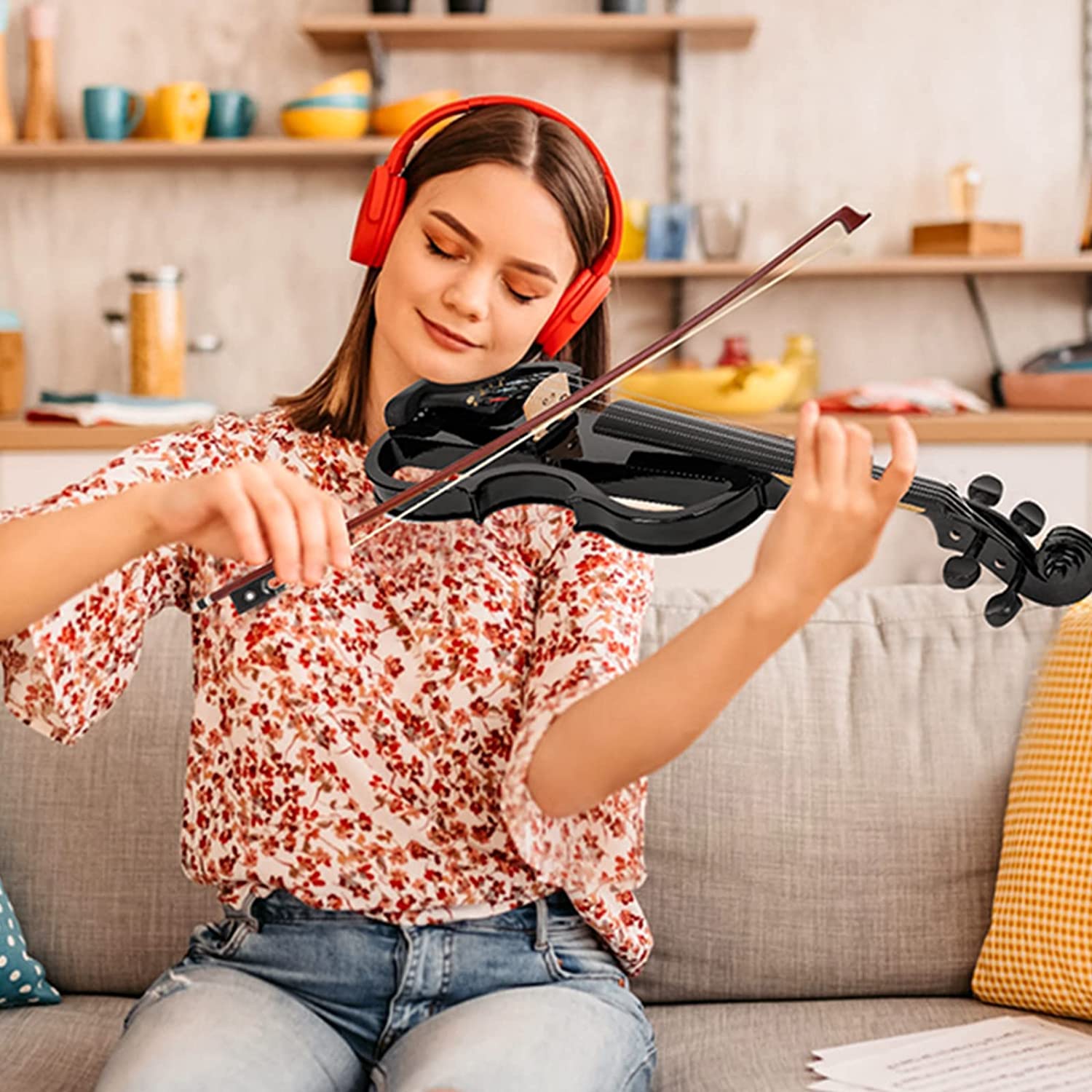 Vangoa 4/4 Full Size Electric Violin - Solid Wood Silent Electric Fiddle with Ebony Fittings & Beginner Kit for Adults & Teens (Black Metallic) | Perfect for Practice, Performances & Studio Recording
