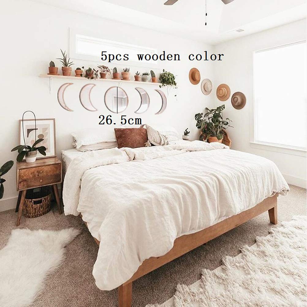 5-Piece Moon Phase Mirror Set - Acrylic Bohemian Wall Decor with Wooden Frame for Living Room, Bedroom & Home Interior Design - Perfect for Boho, Aesthetic & Spiritual Spaces