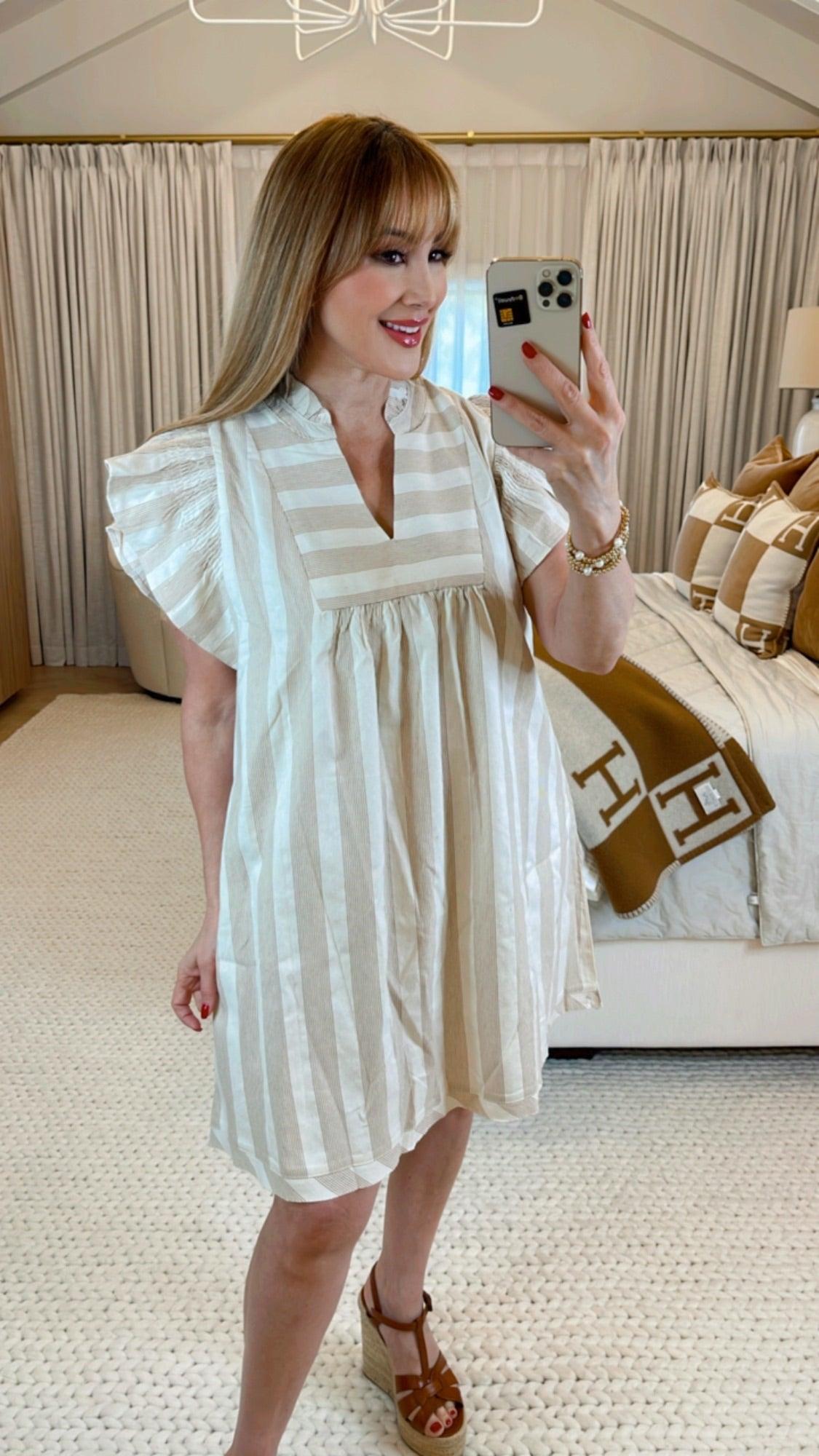 Elegant Sariah Taupe Striped Dress for Women - Flowy Summer Maxi Dress with Side Slits | Perfect for Beach Vacations, Date Nights & Casual Outings