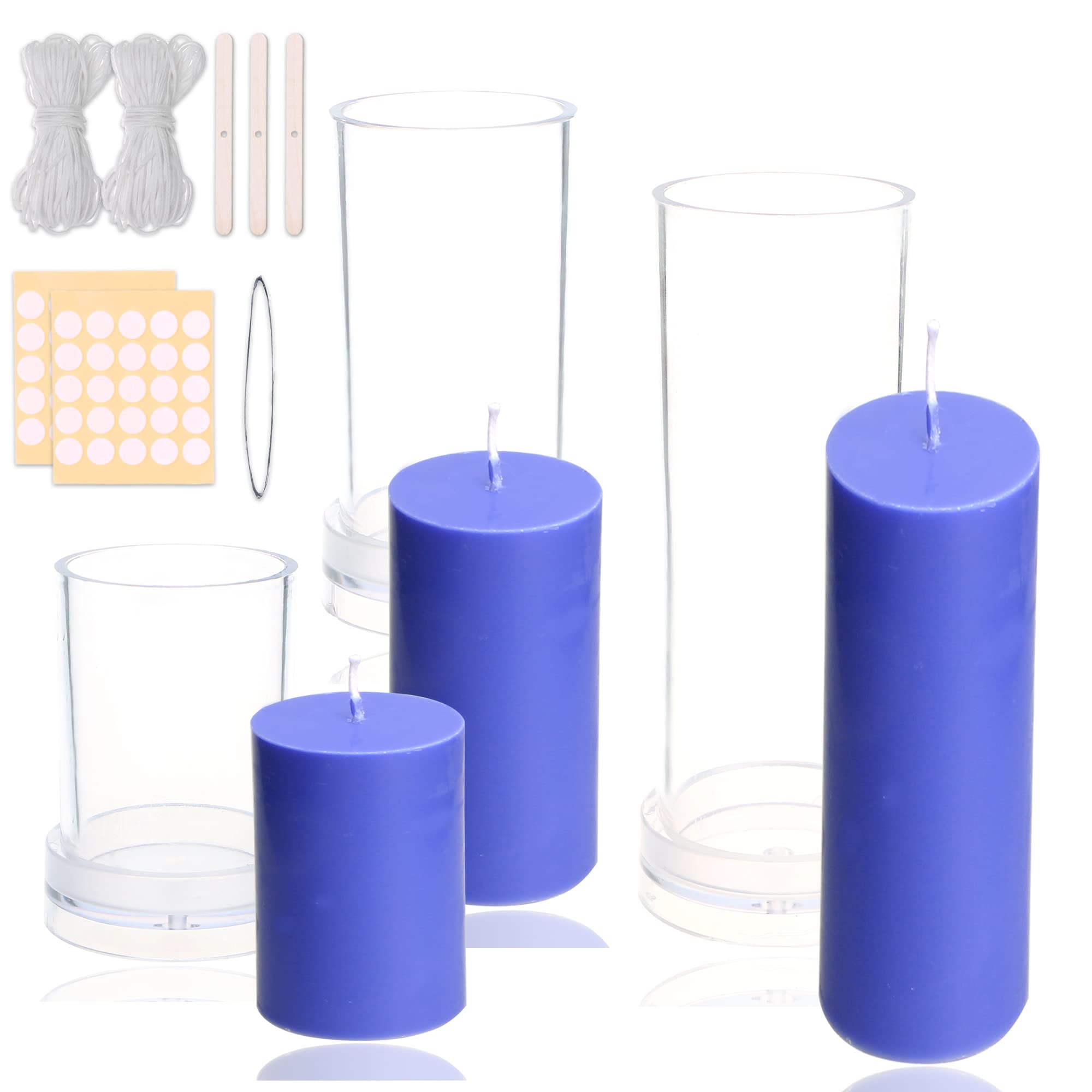 MILIVIXAY 3PCS Plastic Cylinder Pillar Candle Molds Set for DIY Candle Making - Includes 60Ft Wick, 50 Wick Stickers, 3 Wick Holders & 1 Iron Wire - Perfect for Home Decor, Wedding Centerpieces & Holiday Candles
