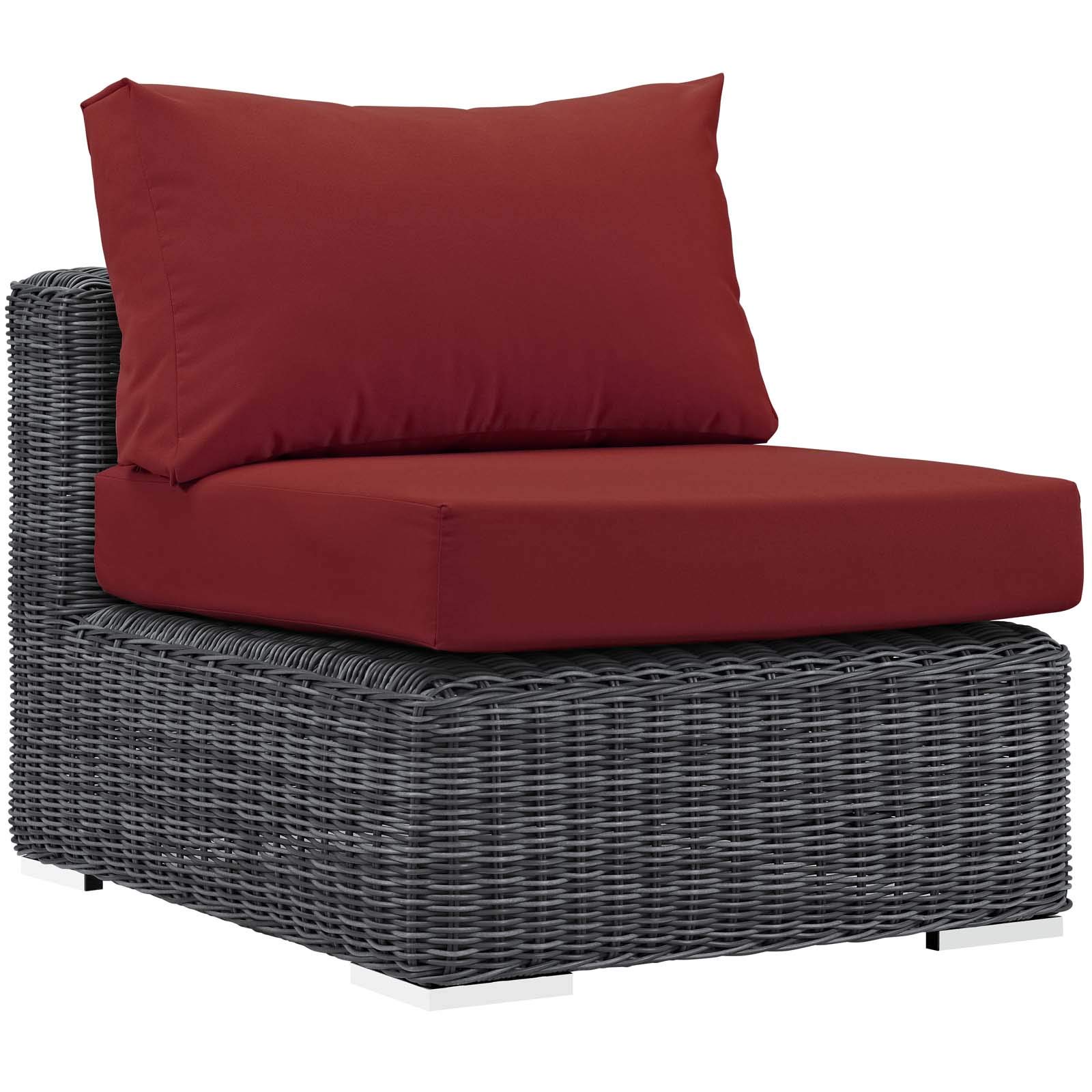 Modern Outdoor Patio Lounge Sectional Sofa Set - Rattan Wicker Furniture in Grey & Red for Backyard, Poolside & Garden Relaxation