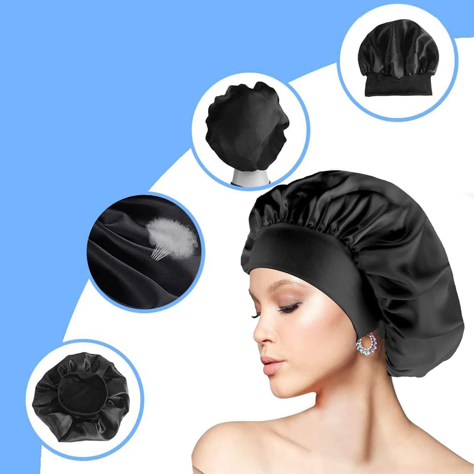Silk Sleep Bonnet for Women & Girls - Adjustable Night Cap for Curly & Black Hair - Black One Size - Perfect for Nighttime Hair Protection & Styling