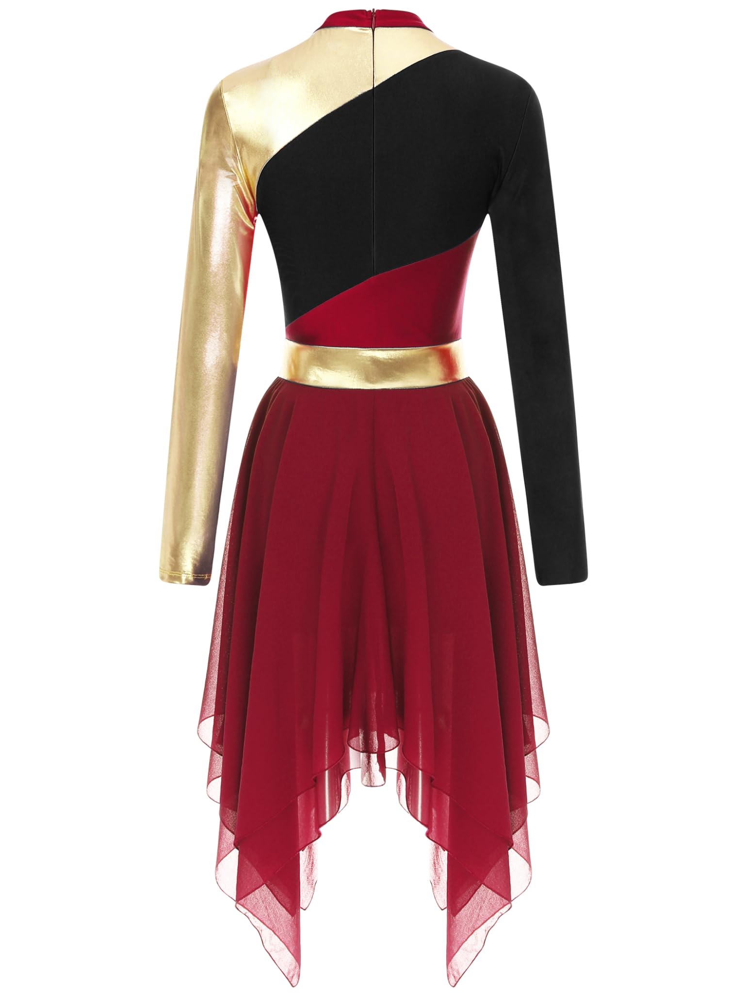 Women Metallic Block Lyrical Praise Dance Tunic Long Sleeve Bell Liturgical Worship Dance Dress Costume for Church Performances and Christian Celebrations