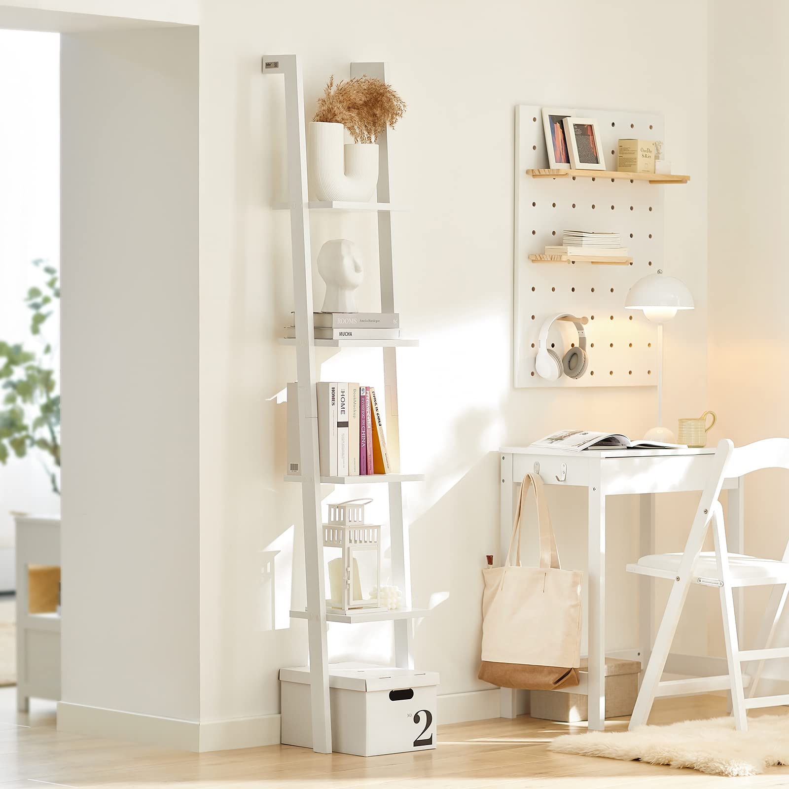 4-Tier Wooden Ladder Shelf - Space Saving Storage Organizer for Bathroom, Living Room & Study | Wall-Leaning Bookshelf & Display Rack | White FRG15-W | Perfect for Small Spaces, Home Decor & Book Storage