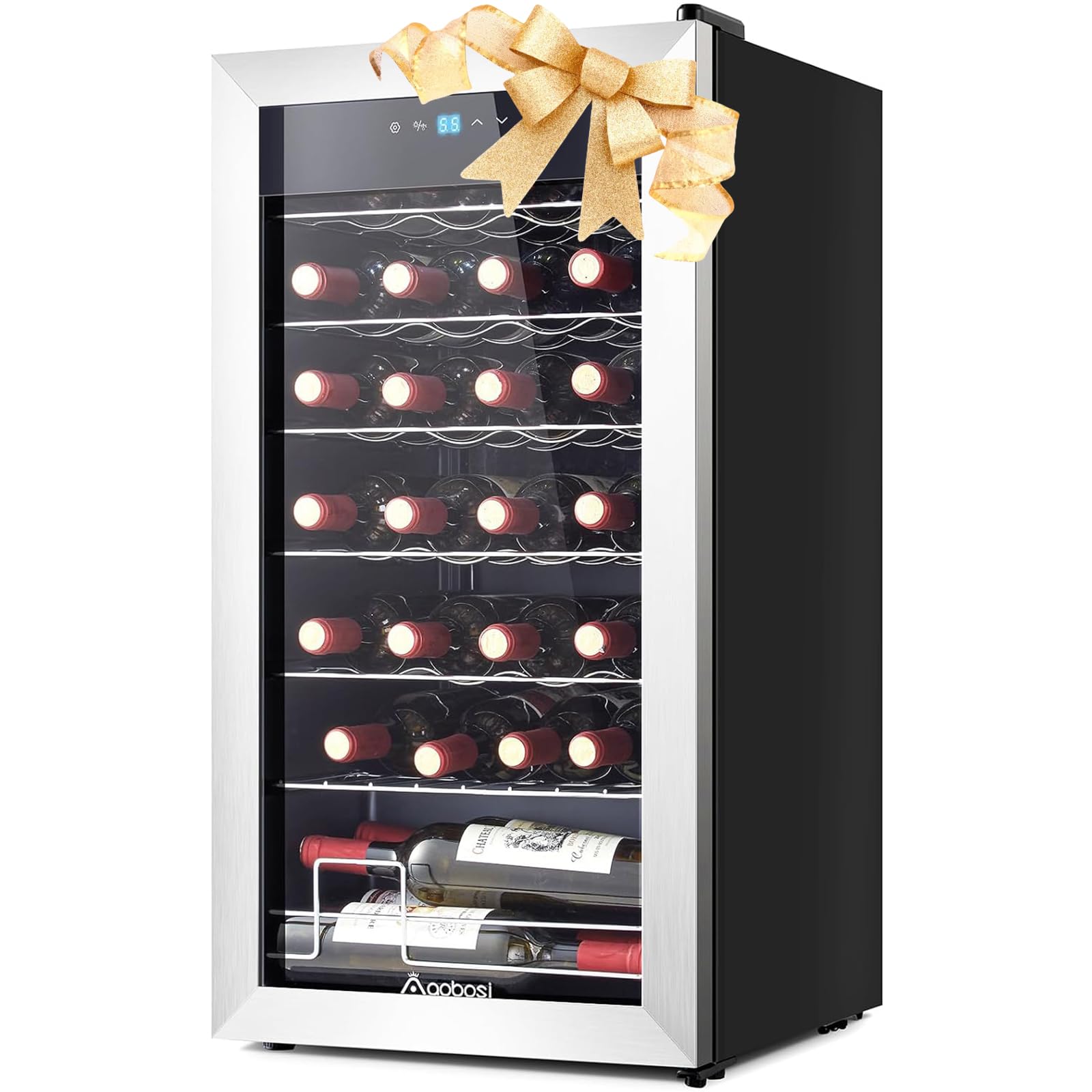 AAOBOSI 17 Inch Freestanding Wine Cooler Refrigerator - 28 Bottle Capacity, Double-Paned Tempered Glass, Low Noise Compressor, Blue LED Display with Temperature Memory & Adjustable Shelves - Perfect for Home Bar, Kitchen, Basement or Office Wine Storage