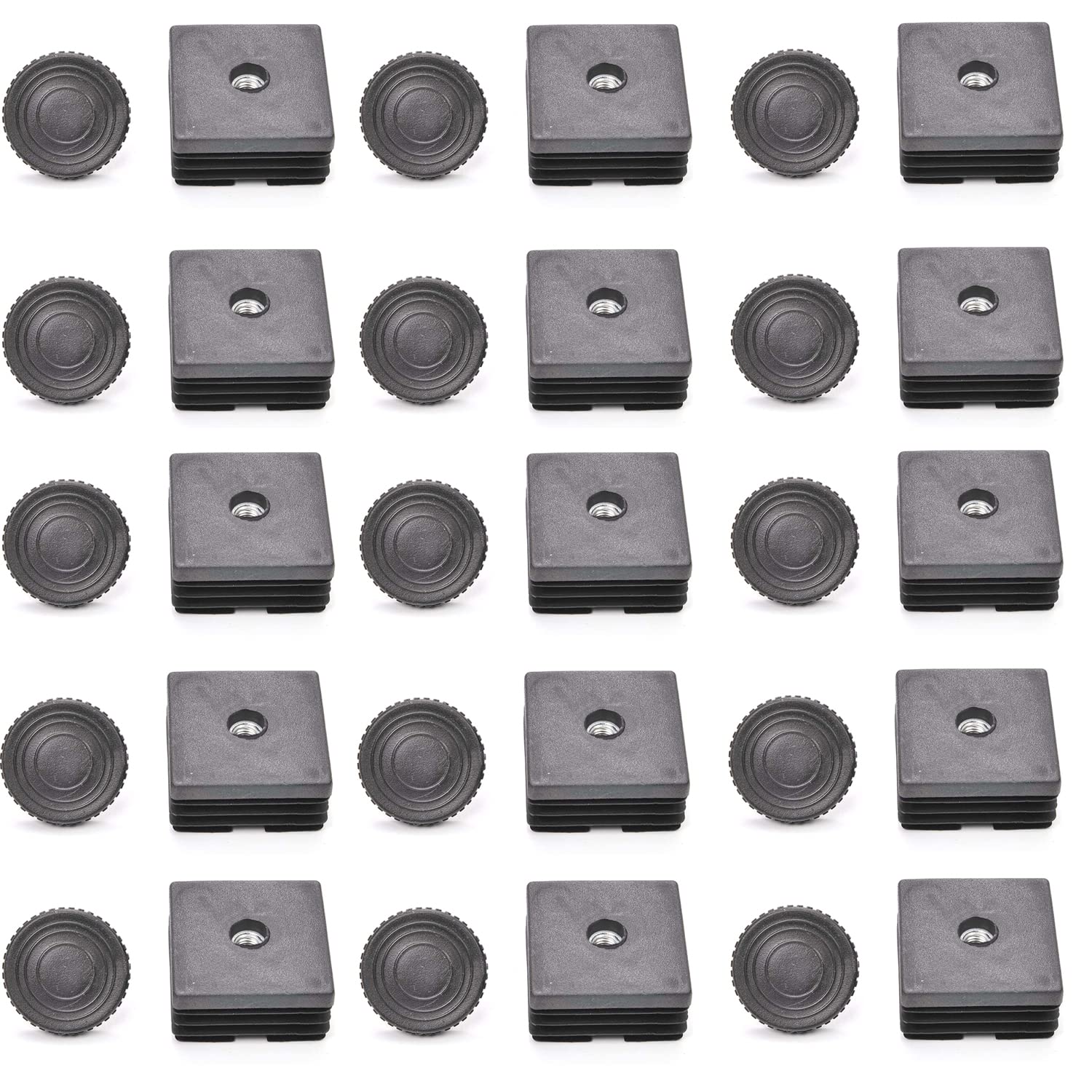 MroMax 8 Pack Adjustable Leveling Feet 50x50mm - Heavy Duty Plastic & Metal Square Tube Insert Kit with M8 Thread - Glide Levelers for Home Office Table, Desk, Furniture Legs (Black) - Perfect for Uneven Floors & Workstation Stability