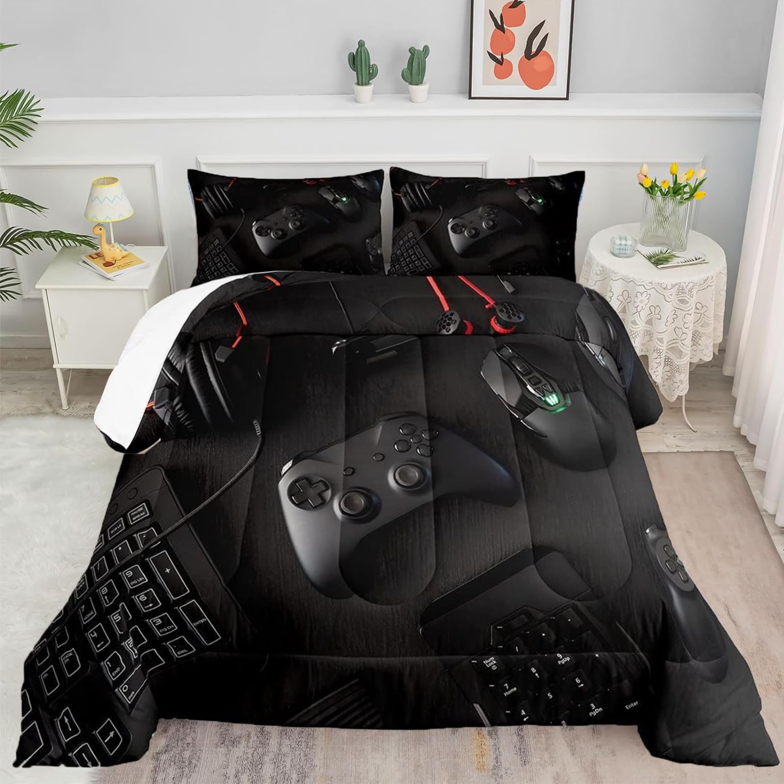 YHXSLY 3D Gaming Comforter Set Twin Size - Microfiber Video Game Bedding for Boys & Kids - Black Gaming Themed Quilt All Season - Perfect for Game Lovers' Bedroom Decor & Teen Gamer Room Setup