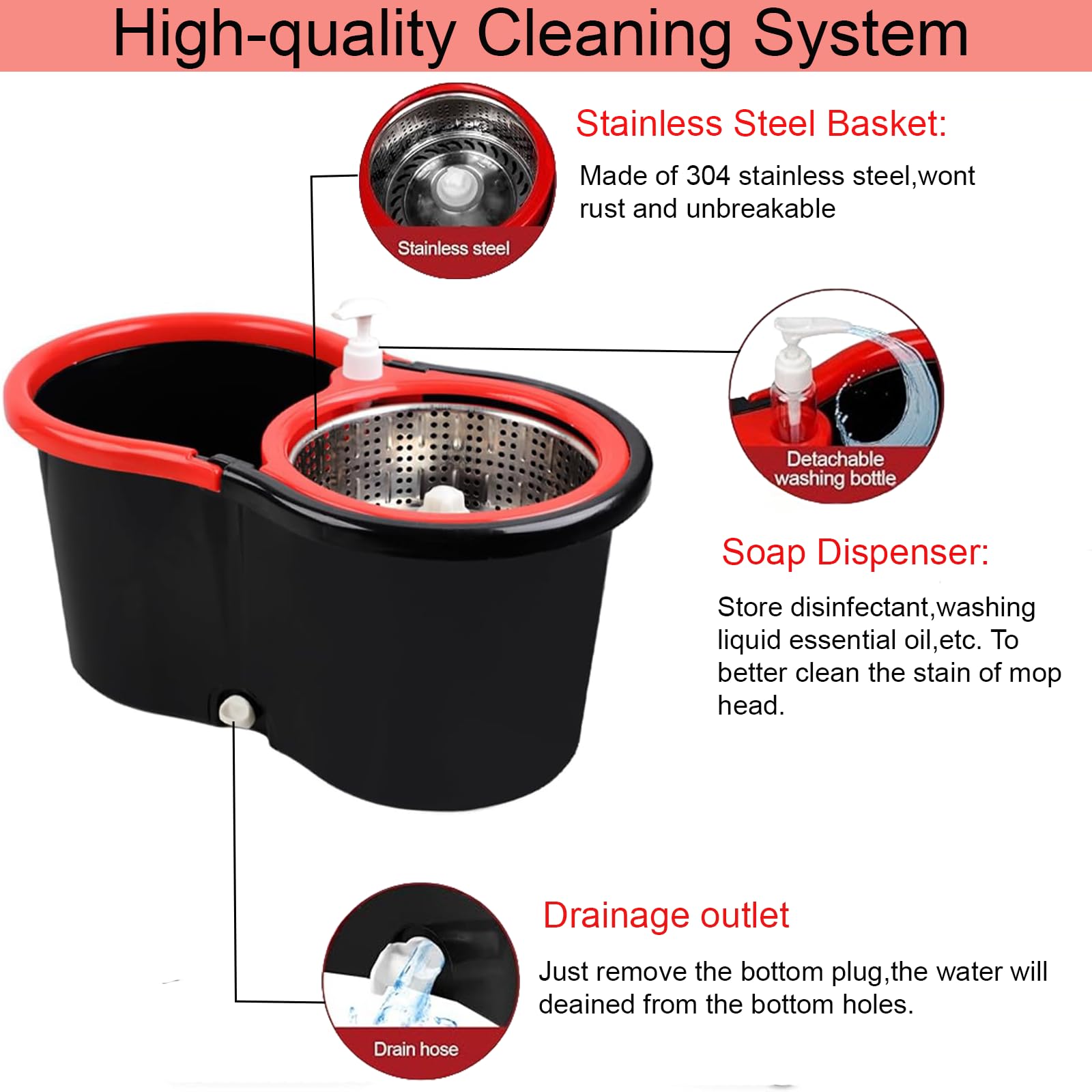 360° Spin Mop and Bucket Set with Wringer - 3 Microfiber Mop Refills & 61
