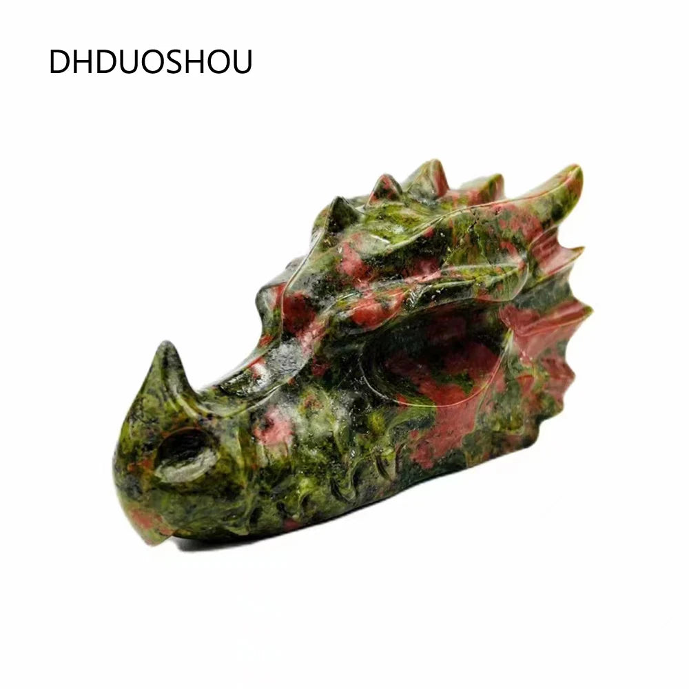 Custom Natural Crystal Dragon Skull Sculpture - Handcrafted Unakite Reiki Healing Stone for Men, Home Decor, Meditation Gifts & Spiritual Collection (Perfect for Feng Shui, Yoga Spaces & Man Cave Decor)