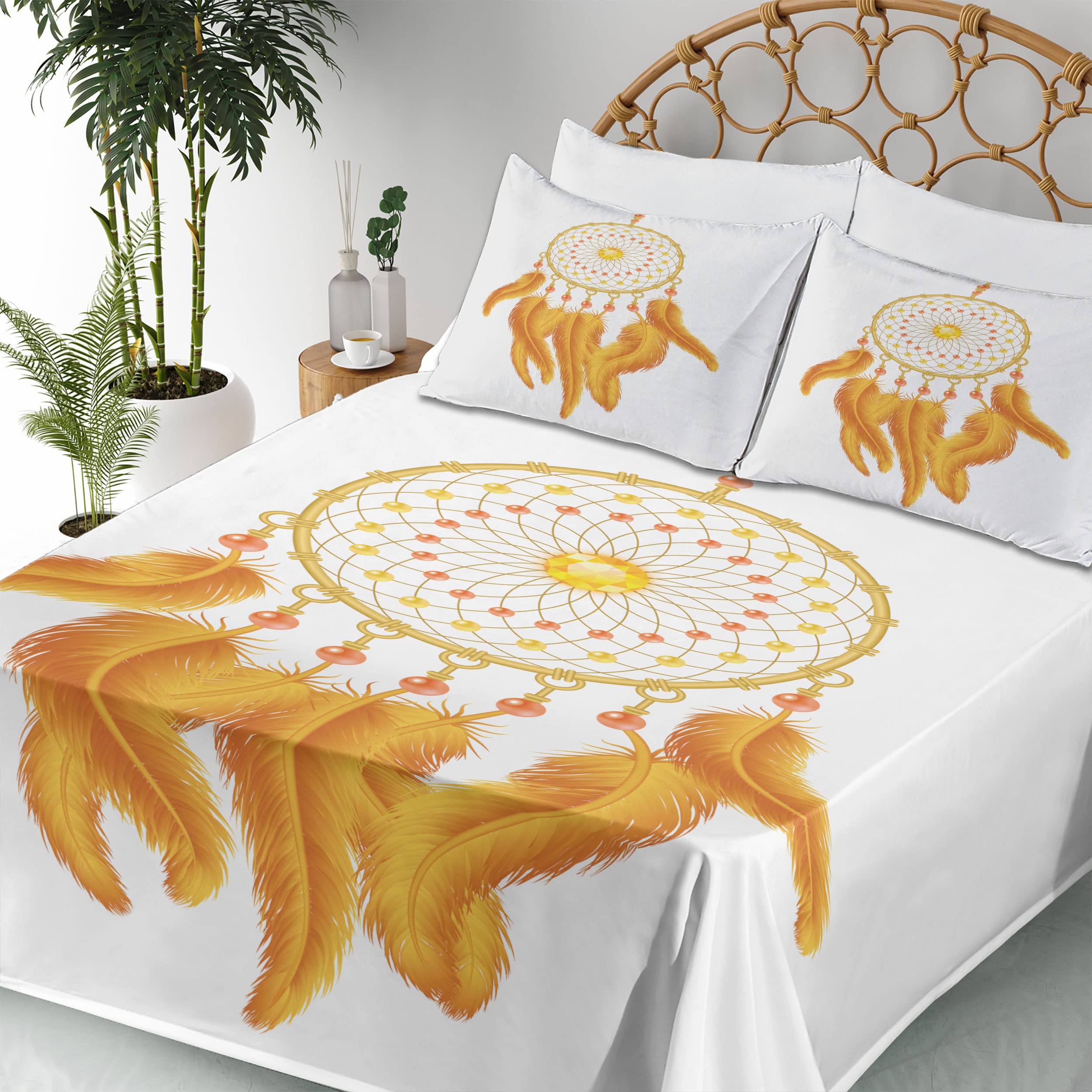 Ambesonne Aztec Bed Sheet Set - Golden Yellow Dreamcatcher Native Indigenous Design, 4-Piece King Size Bedding with Fitted Sheet, Flat Sheet & Pillowcases in Marigold White | Perfect for Boho Chic, Southwestern & Cultural Themed Bedrooms