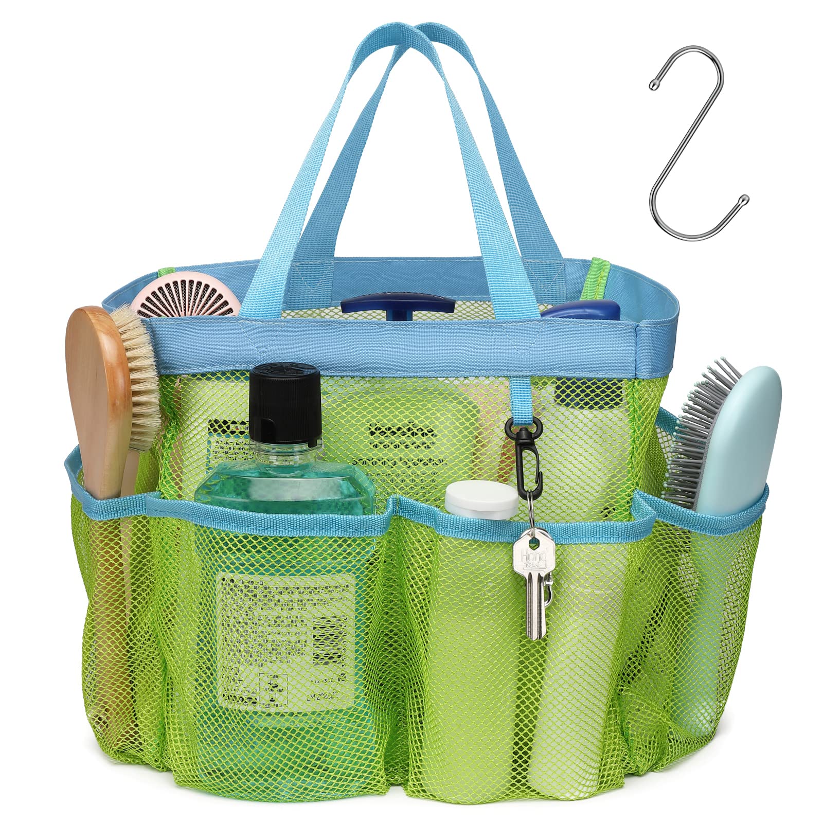 F-color Mesh Shower Caddy Portable - Upgraded 7-Pocket Deep Shower Organizer Bag with S Hook | Quick-Dry Bathroom Storage for College Dorm, Gym & Camp | Hanging Toiletry Tote with 2 Handles for Travel Essentials
