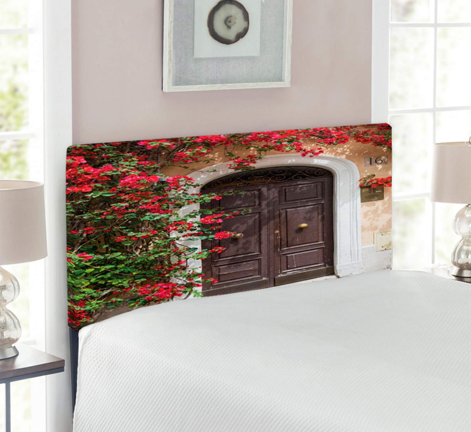 Ambesonne Moroccan Upholstered Headboard - Vintage Wooden Door Floral Design, European Medieval Style, Decorative Metal Bed Frame with Memory Foam - Twin Size, Multicolor | Perfect for Bohemian & Vintage Bedroom Decor