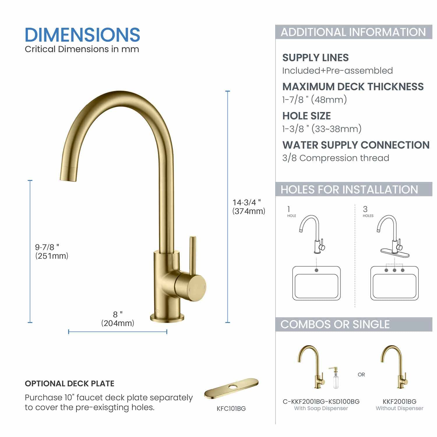 KIBI KKF2001 High Arc Single Hole Kitchen Faucet - 360° Swivel Spout Brushed Gold Finish | Rust & Corrosion Resistant | Perfect for Modern Farmhouse, RV, and Small Kitchen Sinks