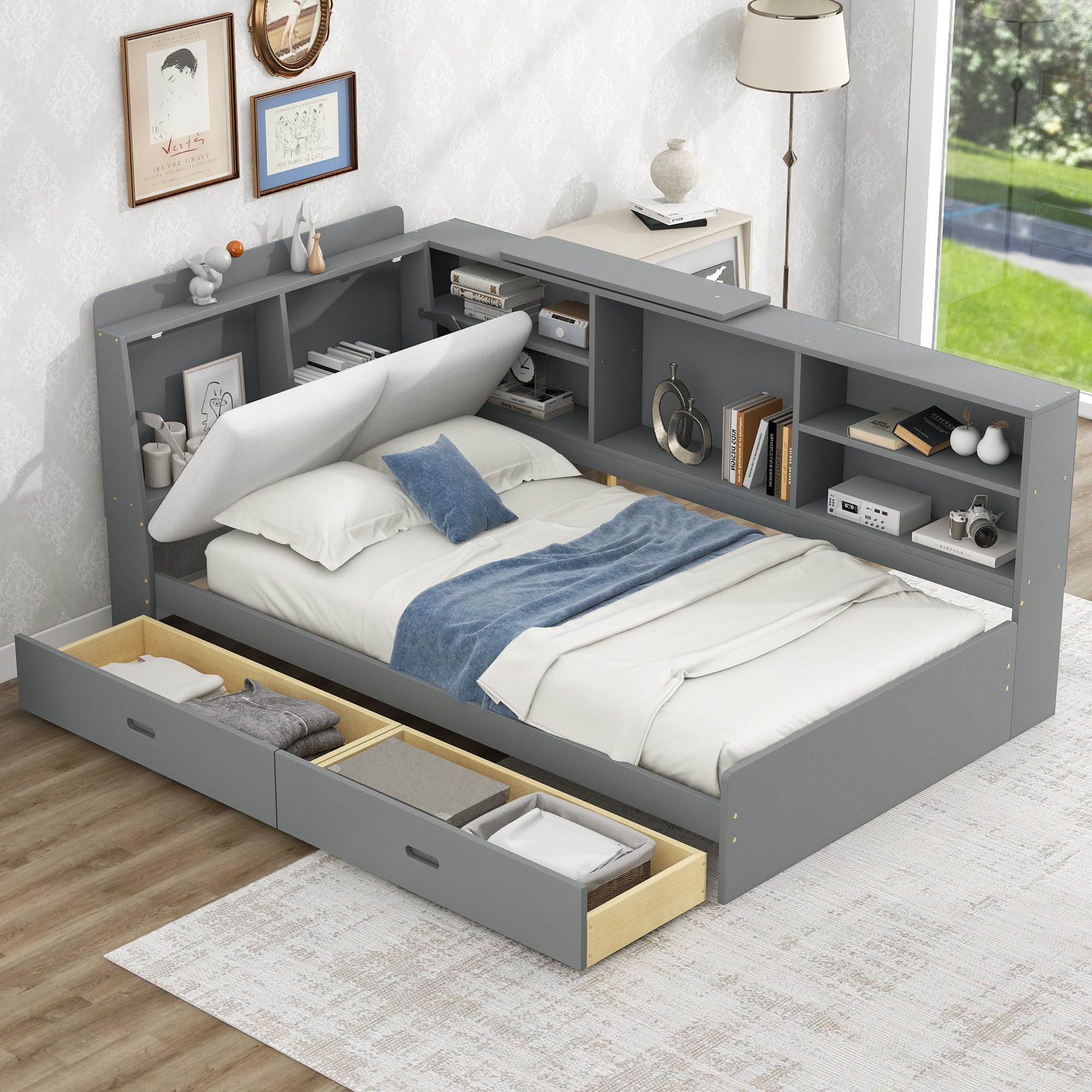 Harper & Bright Designs Twin Platform Bed with Storage Headboard, Shelves & 2 Drawers - Wooden Twin Storage Bed Frame with L-Shaped Bookcase, Gray - Perfect for Kids' Bedroom, Guest Room & Small Space Organization