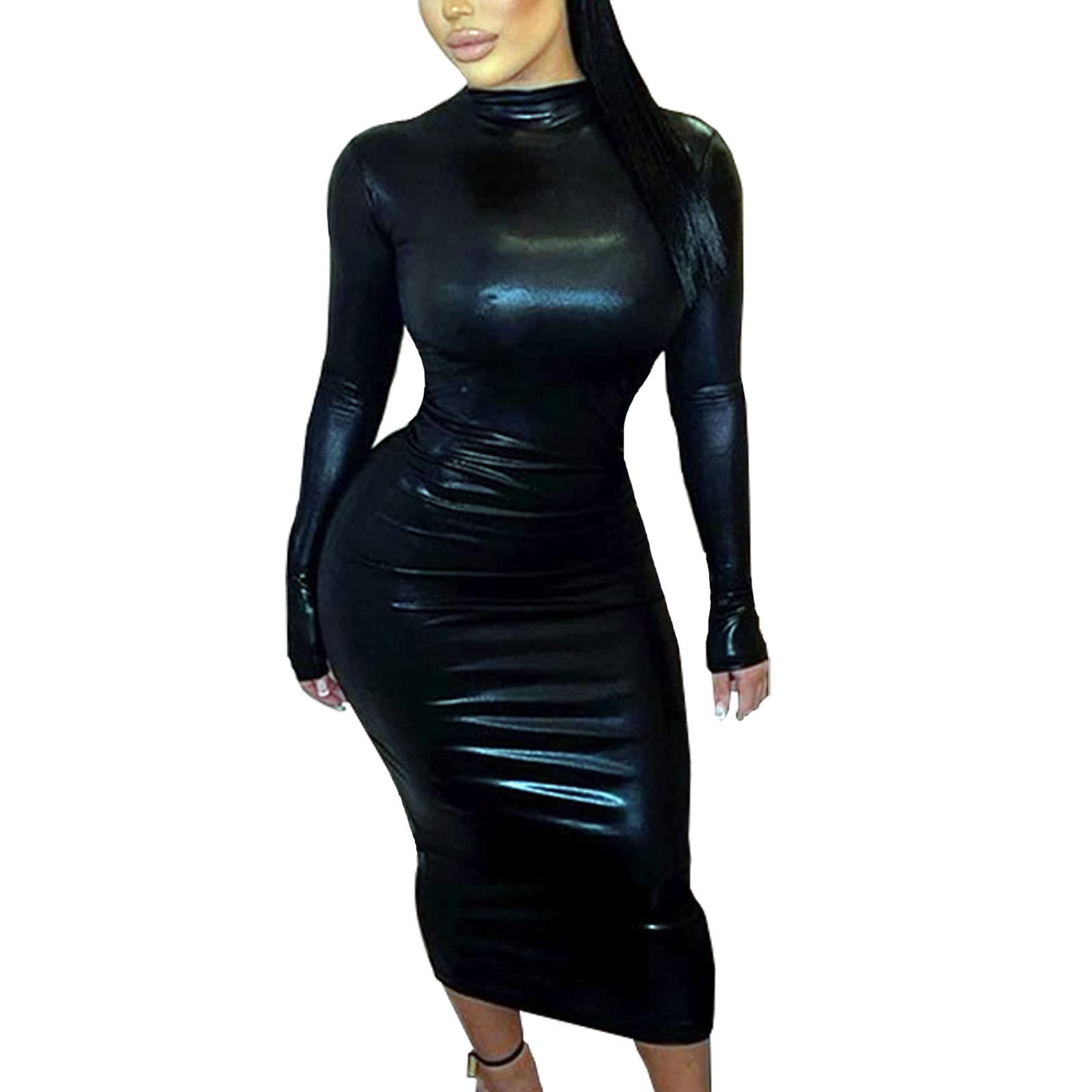 Stylish Women's Faux Leather Long Sleeve Midi Dress - Sexy Mock Neck Bodycon Party Dress for Club, Night Out & Evening Events | Perfect for Date Night, Cocktail Parties & Holiday Gatherings