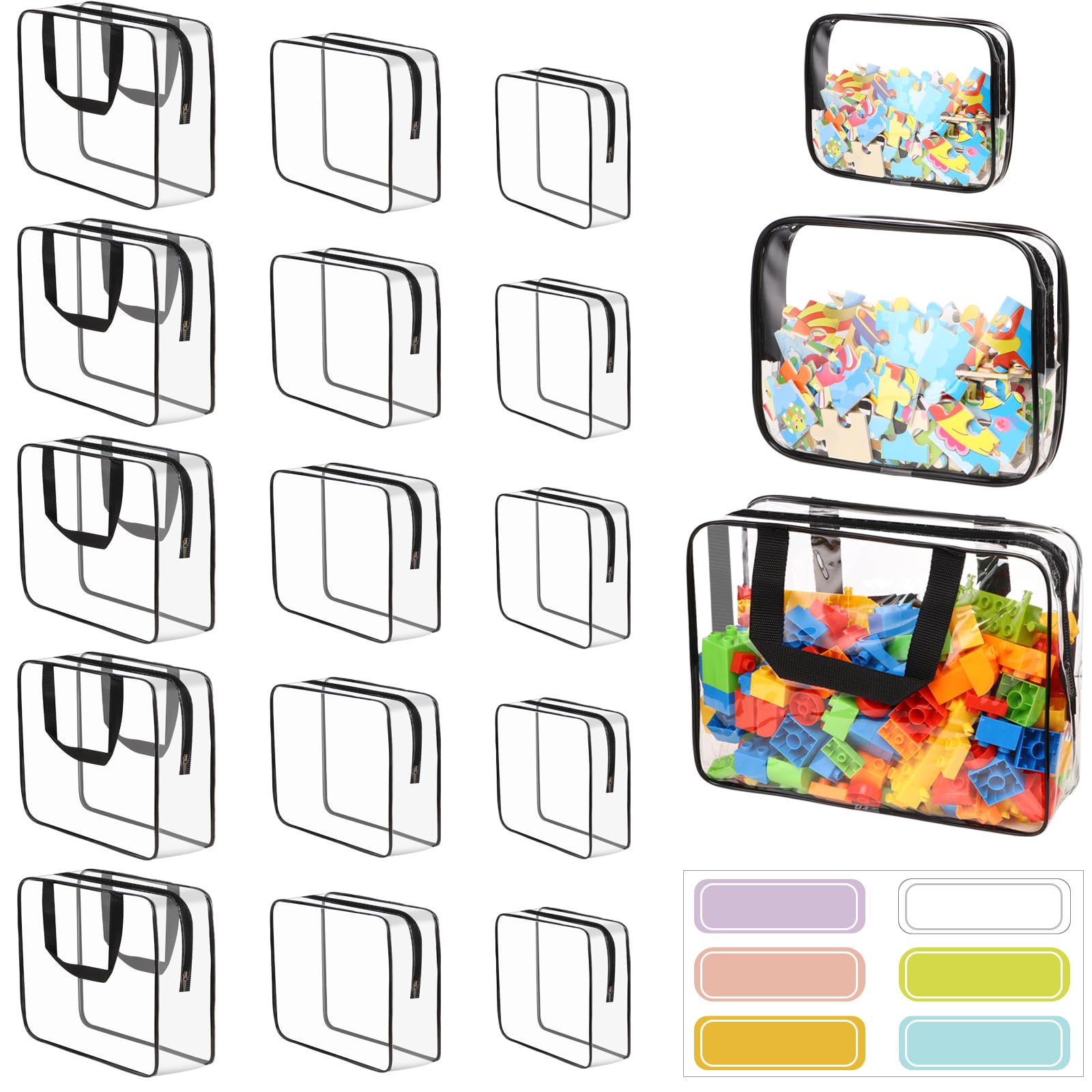 18 Pack Large Clear PVC Toy Storage Bags with Zipper & Labels - Waterproof Travel Organizer for Kids Toys, Building Blocks, Puzzles & Books (Black) - Perfect for Home Organization, Playroom Storage & Travel