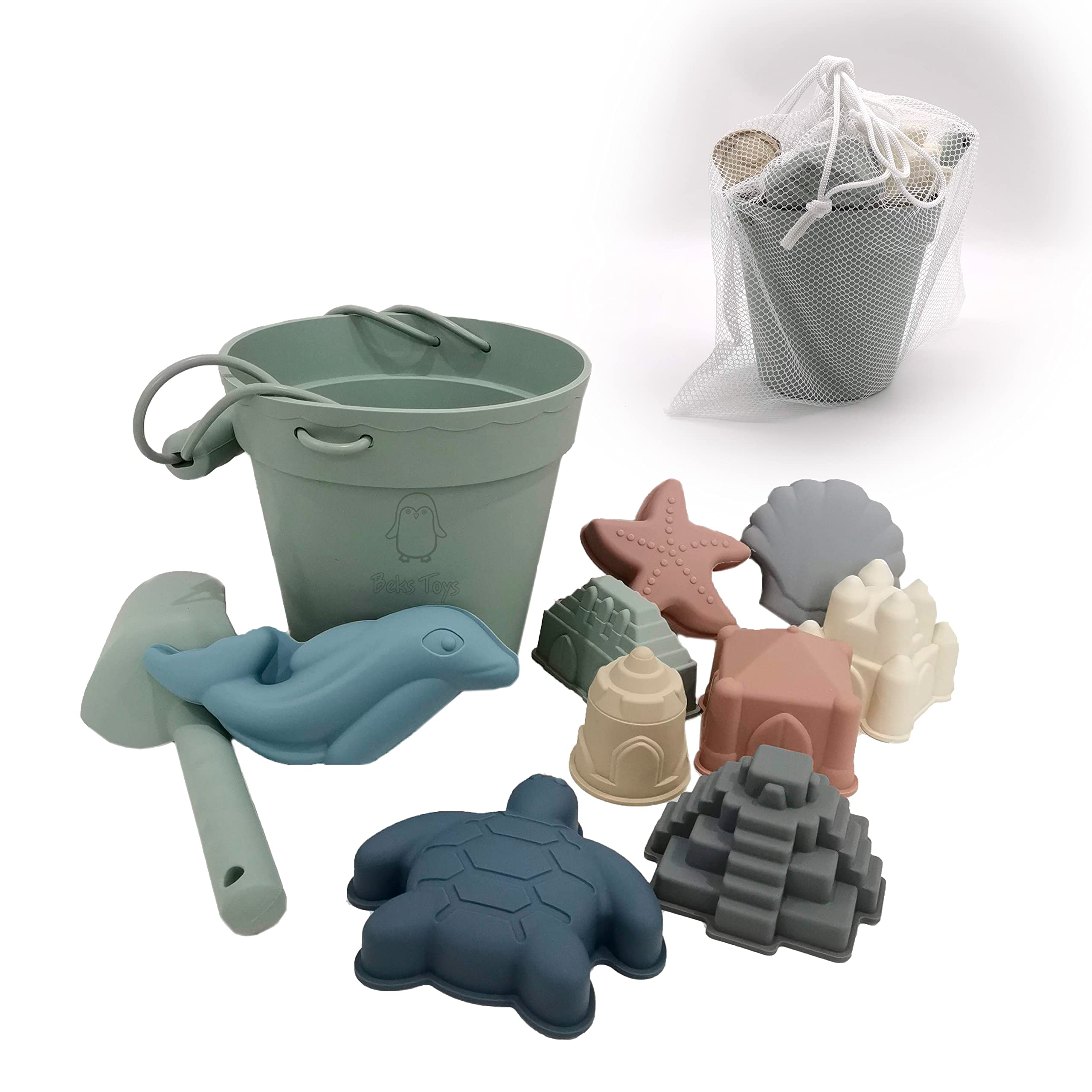 Beks Toys 11-Piece Silicone Beach Toys Set for Kids - Non-Toxic BPA-Free Sand Bucket, Shovel & 9 Molds with Mesh Storage Bag - Vibrant Colors for Outdoor Beach Play, Sandcastle Building & Summer Fun