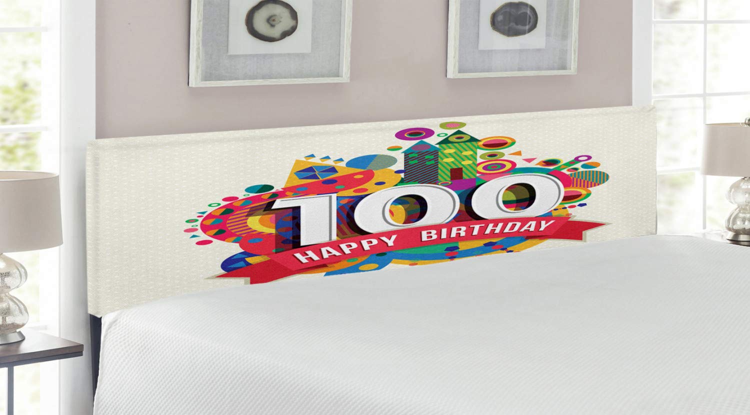Ambesonne King Size 100th Birthday Headboard - Geometric Abstract Digital Print with Castle & Boat Design - Upholstered Decorative Metal Bed Frame with Memory Foam - Multicolor | Perfect for Birthday Party Decorations & Bedroom Makeovers