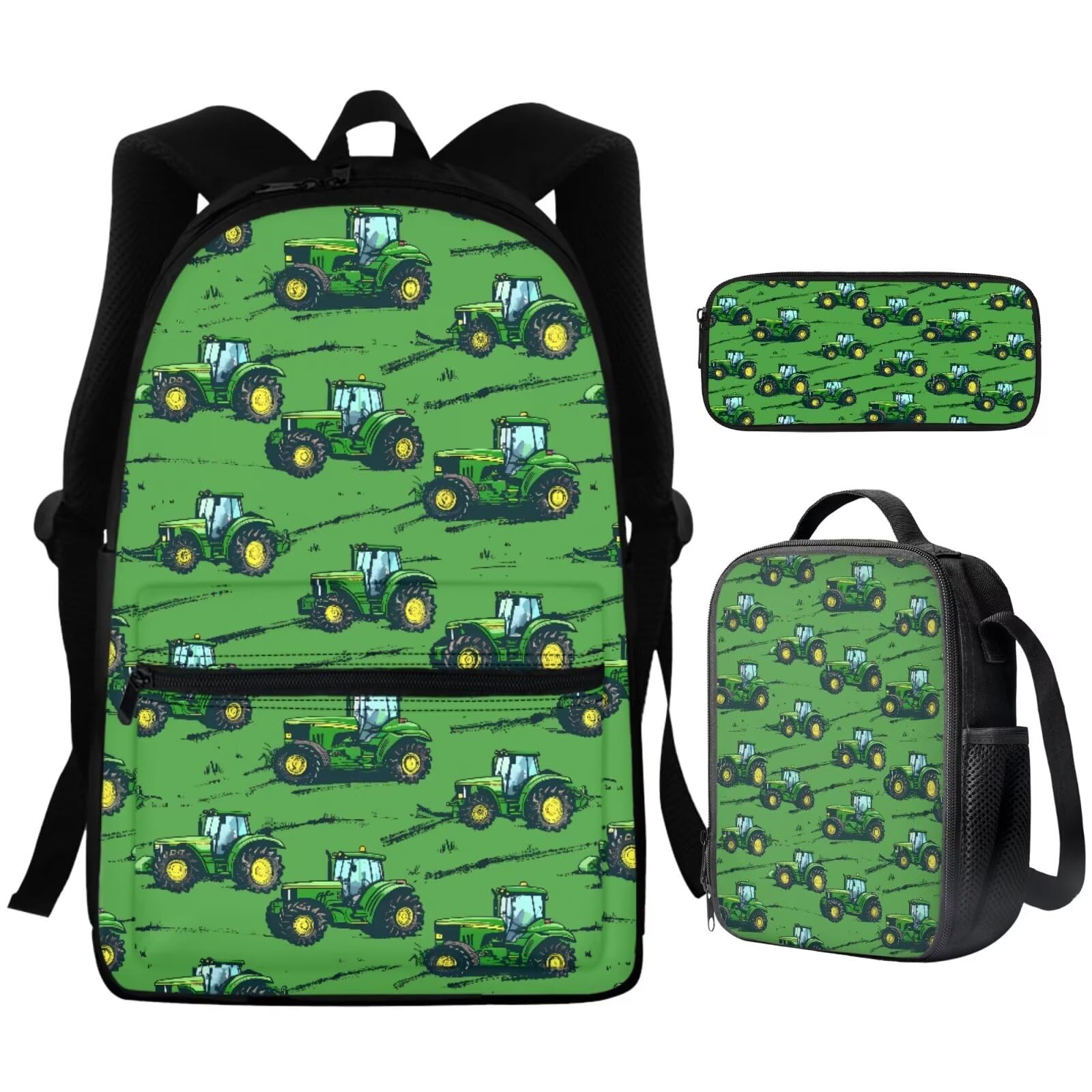 DISNIMO Boys Backpack with Lunch Box - Tractor & Truck Print School Bookbag for Kids Ages 6-8, Large Green Daypack for Elementary Students - Perfect for School, Travel, and Outdoor Adventures