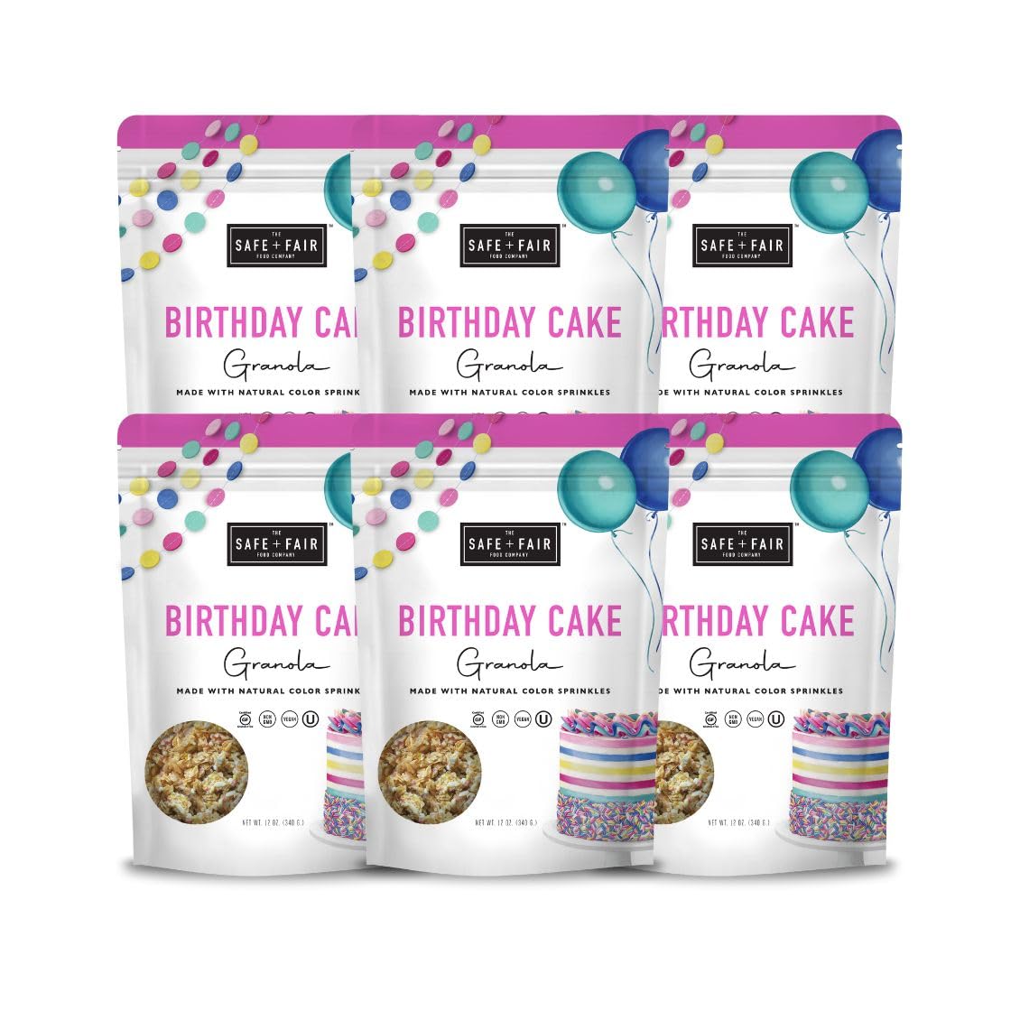 Safe + Fair Birthday Cake Granola – Gluten-Free, Vegan & Plant-Based Snack with Natural Sprinkles – 0g Trans Fat, Non-GMO, Kosher, Allergen-Free, Whole Grain - 12oz (6 Pack) – Perfect for Breakfast, Office Snacks & Healthy Party Treats