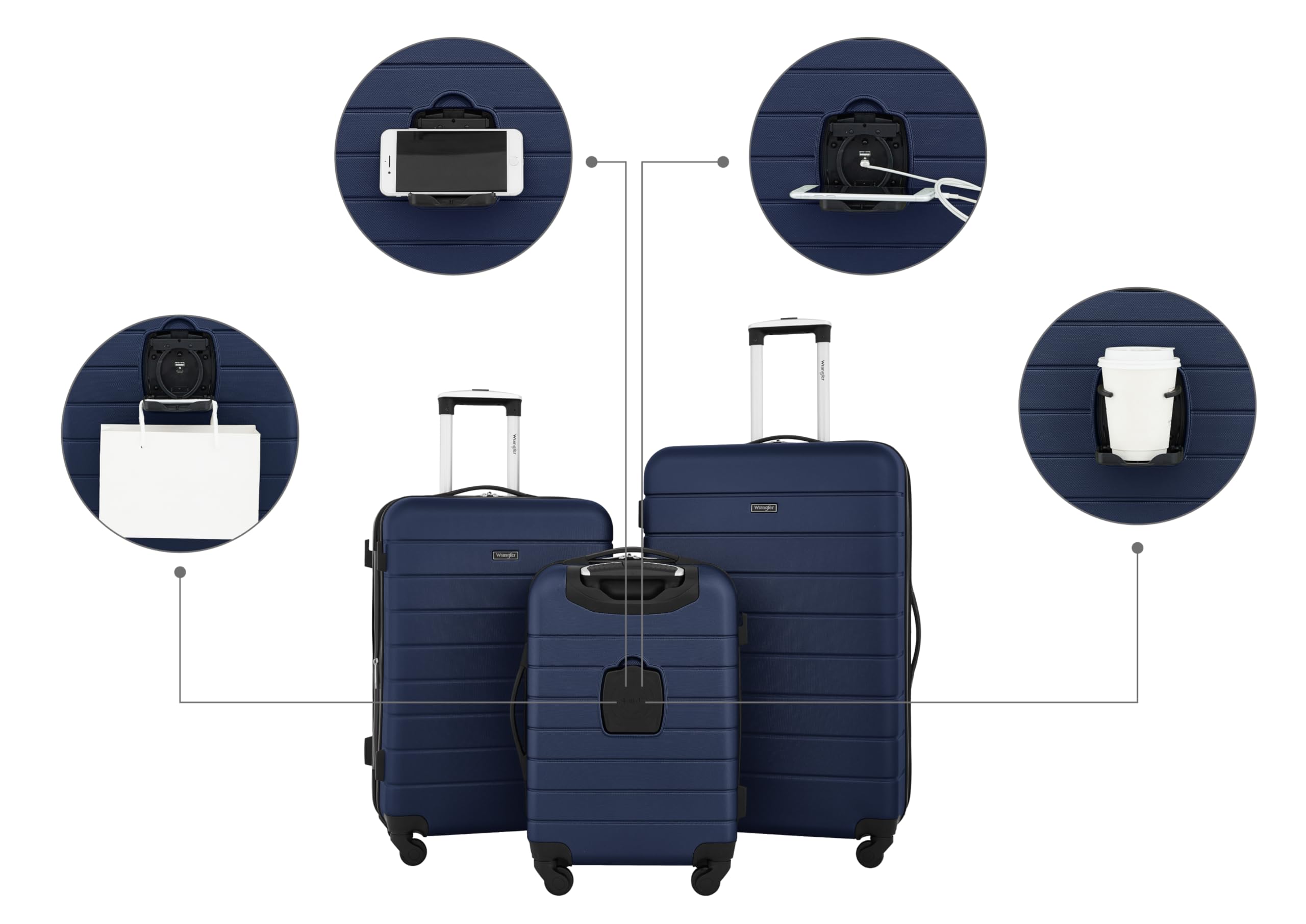 Wrangler Smart Carry-On Luggage with Built-In Cup Holder & USB Charging Port - 3 Piece Set Navy Blue - Perfect for Air Travel, Business Trips & Weekend Getaways