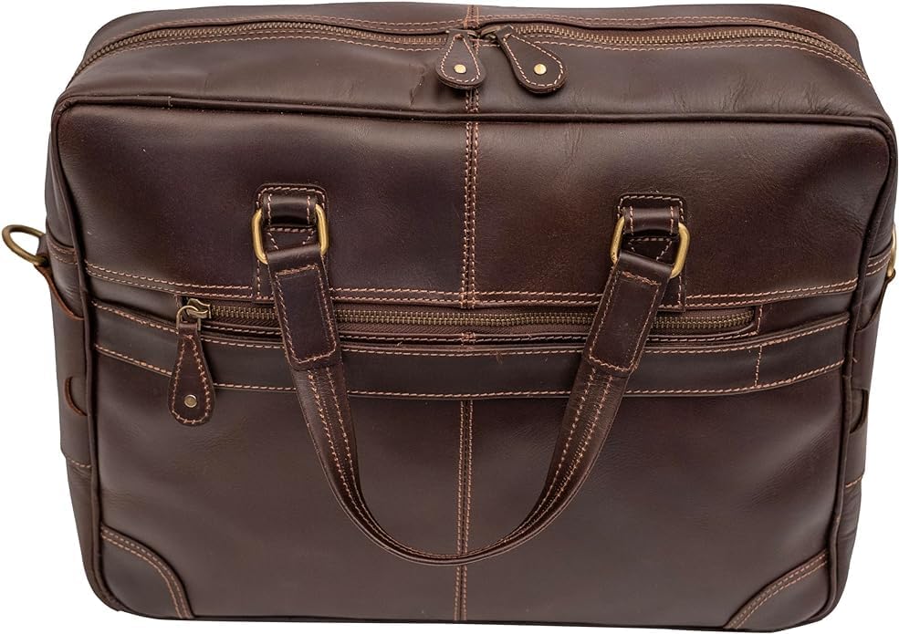 Premium Brown Genuine Leather Laptop Bag - 16 Inch Stylish Business Briefcase for Men & Women - Multiple Pockets & Adjustable Shoulder Strap - Perfect for Office, Travel & Commuting