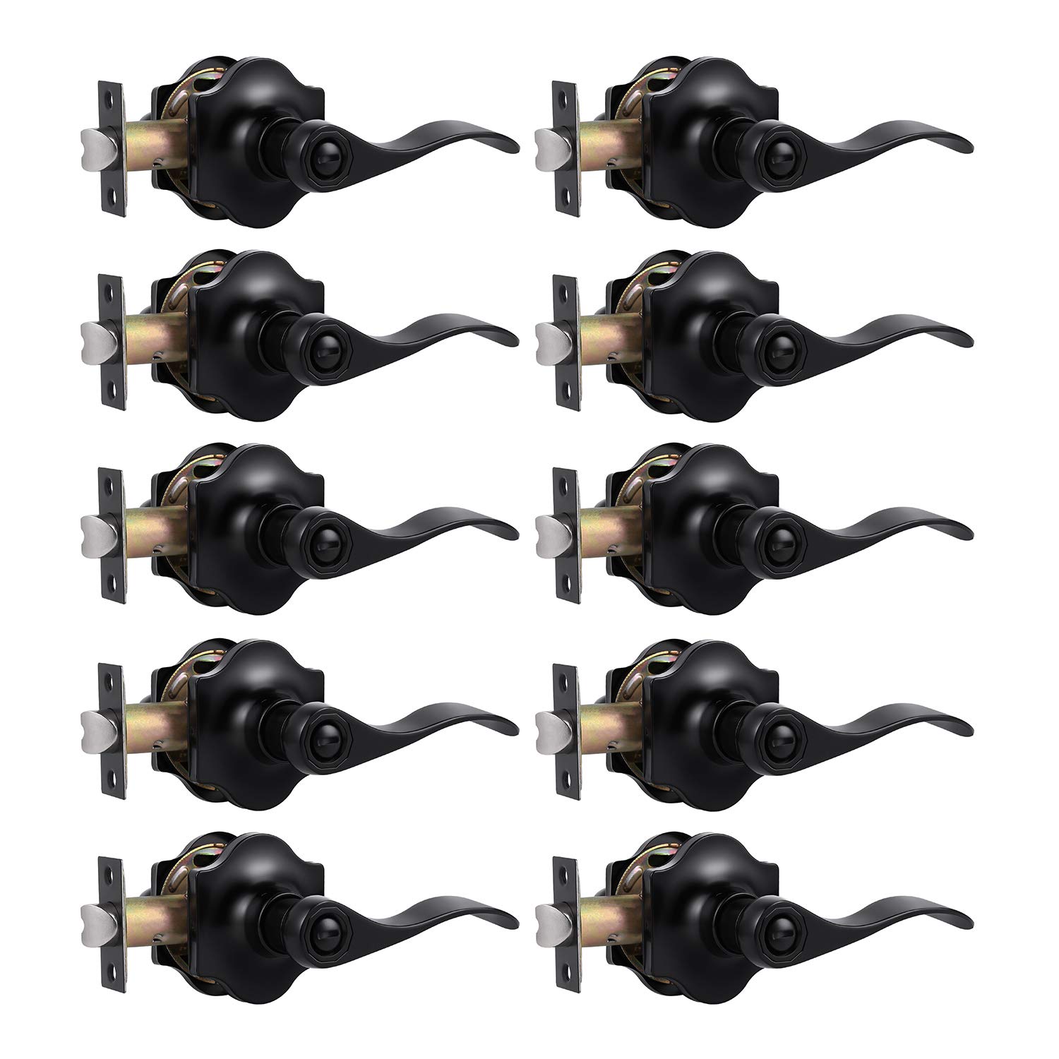 KNOBWELL Antique Privacy Door Lever Set - Matte Black Interior Door Handles with Thumb Turn Lock (10 Pack) | Reversible for Left/Right Side | Perfect for Bedroom, Bathroom & Closet Doors
