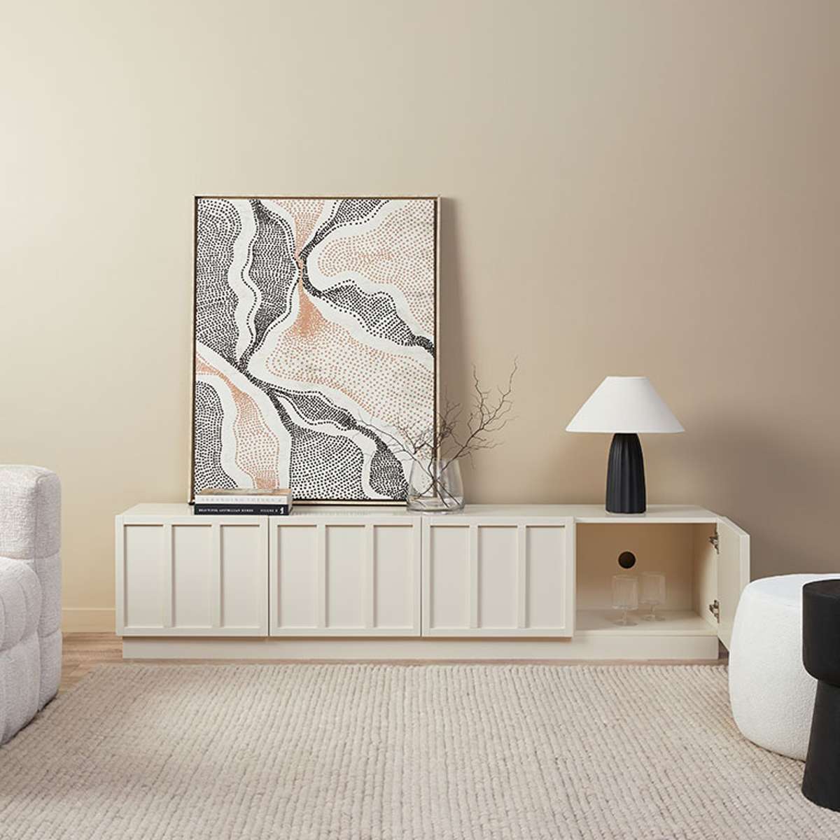 Modern Beige Emery Panel TV Stand Entertainment Center with Storage - Perfect for Living Room, Home Theater & Media Organization