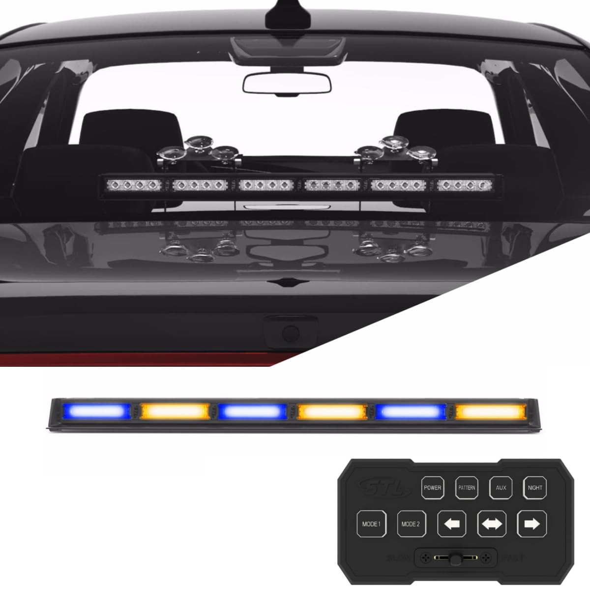 SpeedTech Lights Striker TIR 6-Head LED Strobe Light Bar with Windshield Mount - Emergency Vehicle Warning Light for Police, Fire Trucks & Tow Trucks | Blue/Amber Alternating Flashing | Cigarette Lighter Plug & Control Box | Ideal for Roadside Emergencies, Construction Zones & Traffic Direction
