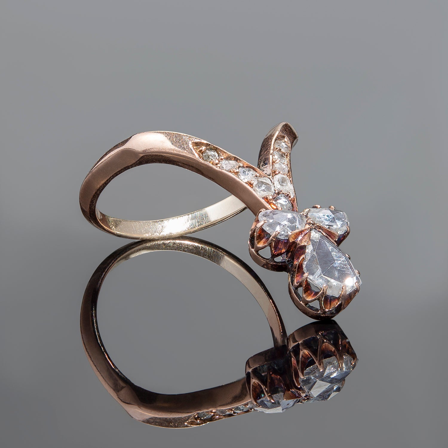 Victorian Style 14k Rose Gold Rose Cut Diamond Tiara Ring - 0.60ct Vintage Bridal Jewelry for Weddings, Prom & Special Occasions