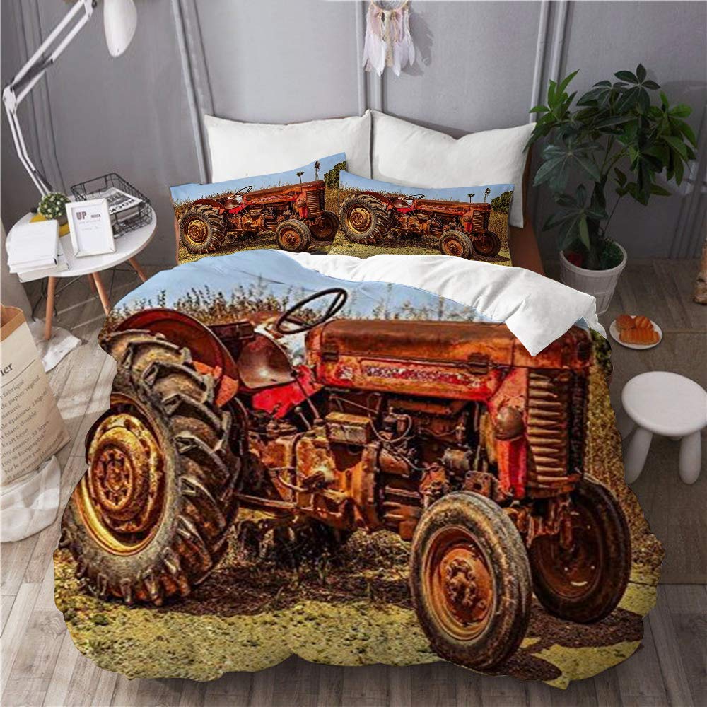 QINCO Red Old Tractor Design Sunny Farm 3-Piece King Size Duvet Cover Set with 2 Pillow Shams - Farmhouse Decor Bedding for Rustic Country Style Bedroom