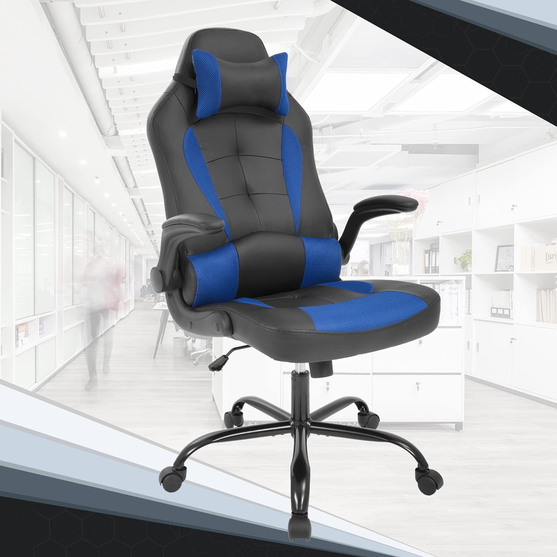 Ergonomic Gaming Chair with Lumbar Support - Adjustable PC Computer Racing Chair for Office & Home, Flip-Up Armrests, Swivel & Rolling Task Chair for Men & Women (Blue) - Perfect for Gaming, Working & Studying