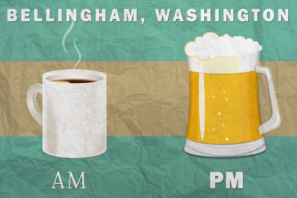 Bellingham WA Coffee & Beer Wall Art Print - 24x36 Signed Poster for Home & Office Decor | Pacific Northwest Inspired Morning Coffee & Evening Beer Scene