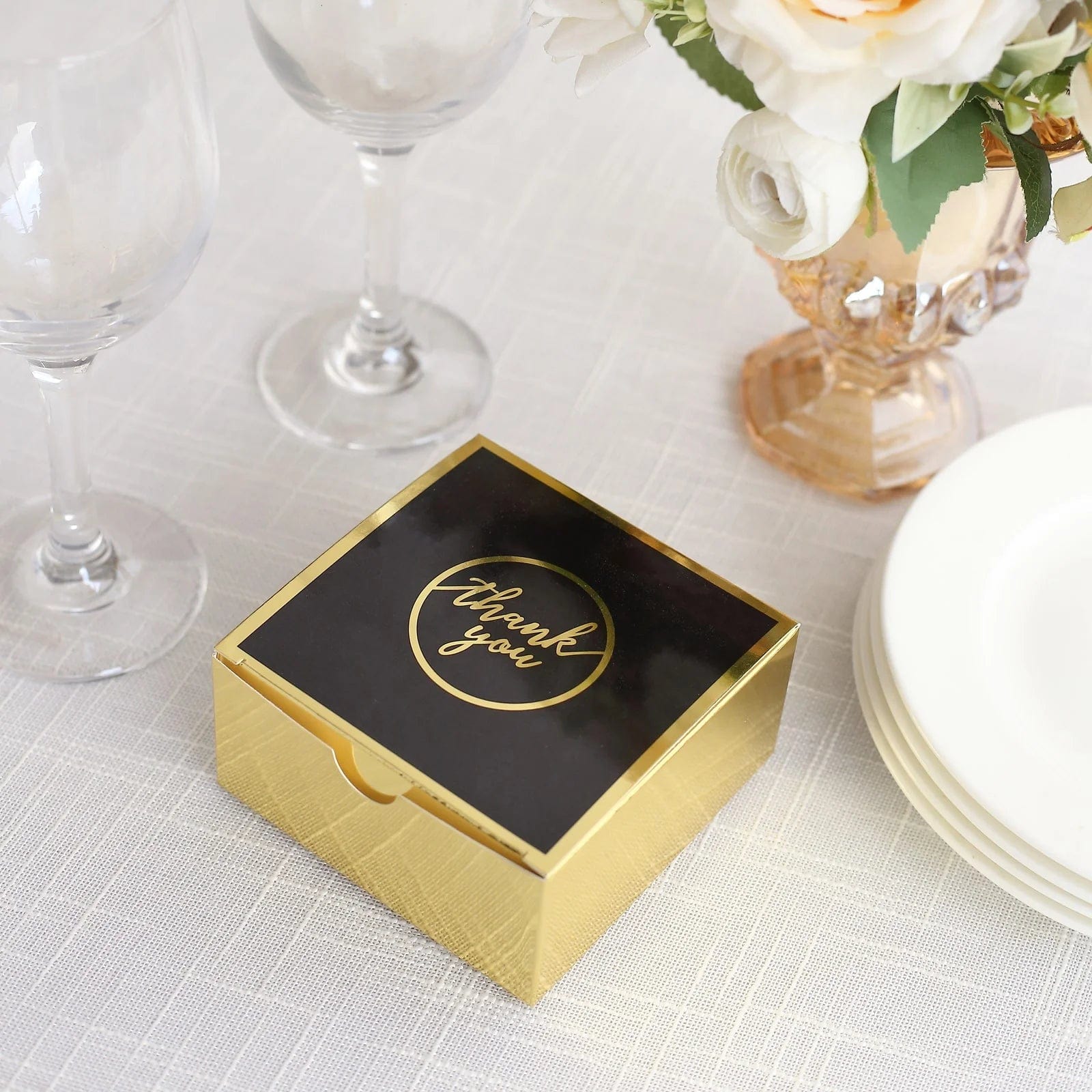 25 Pack 4x4 Inch Square Favor Boxes with Thank You Print - Gold and Black Gift Holders for Weddings, Parties & Special Events