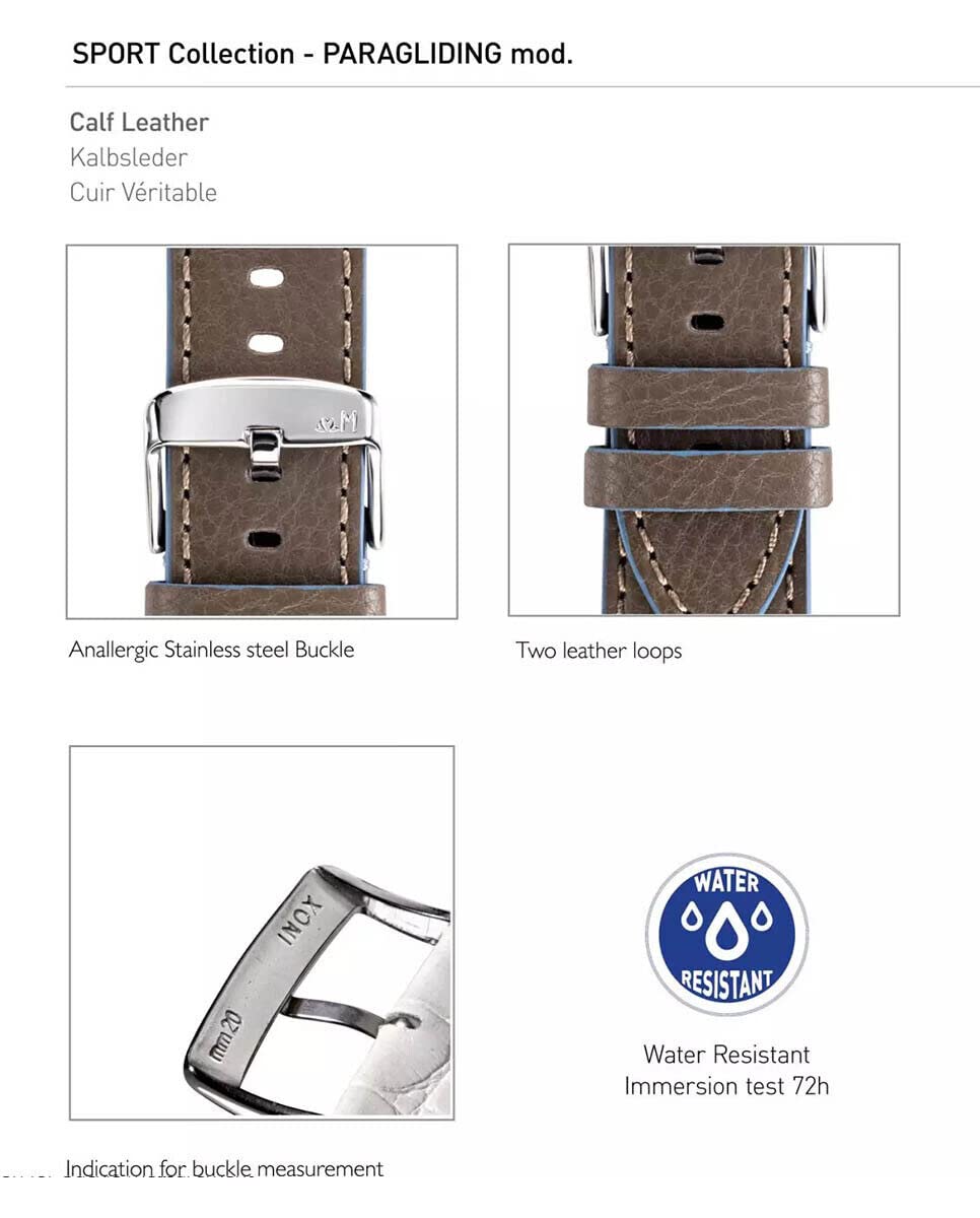 Waterproof Paragliding Calf Leather Watch Band with Chrome Stainless Steel Buckle - Durable Sport Watch Strap for Outdoor Adventures, Hiking & Water Activities
