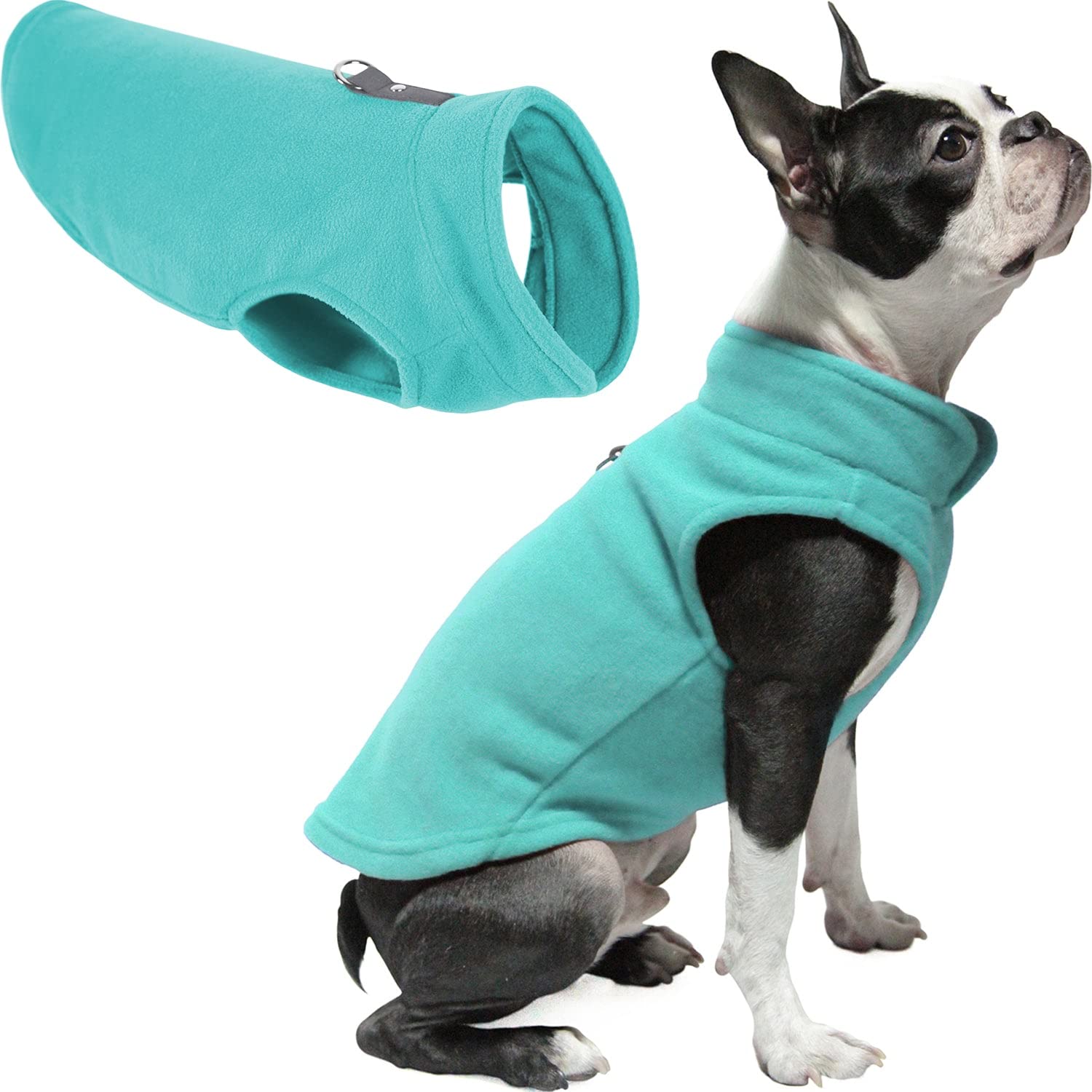 Gooby Fleece Vest Dog Sweater - Warm Pullover Fleece Jacket for Small Dogs with O-Ring Leash - Winter Dog Coat for Cold Weather - Turquoise Medium Size - Perfect for Outdoor Walks and Indoor Comfort (For Both Boy and Girl Puppies)