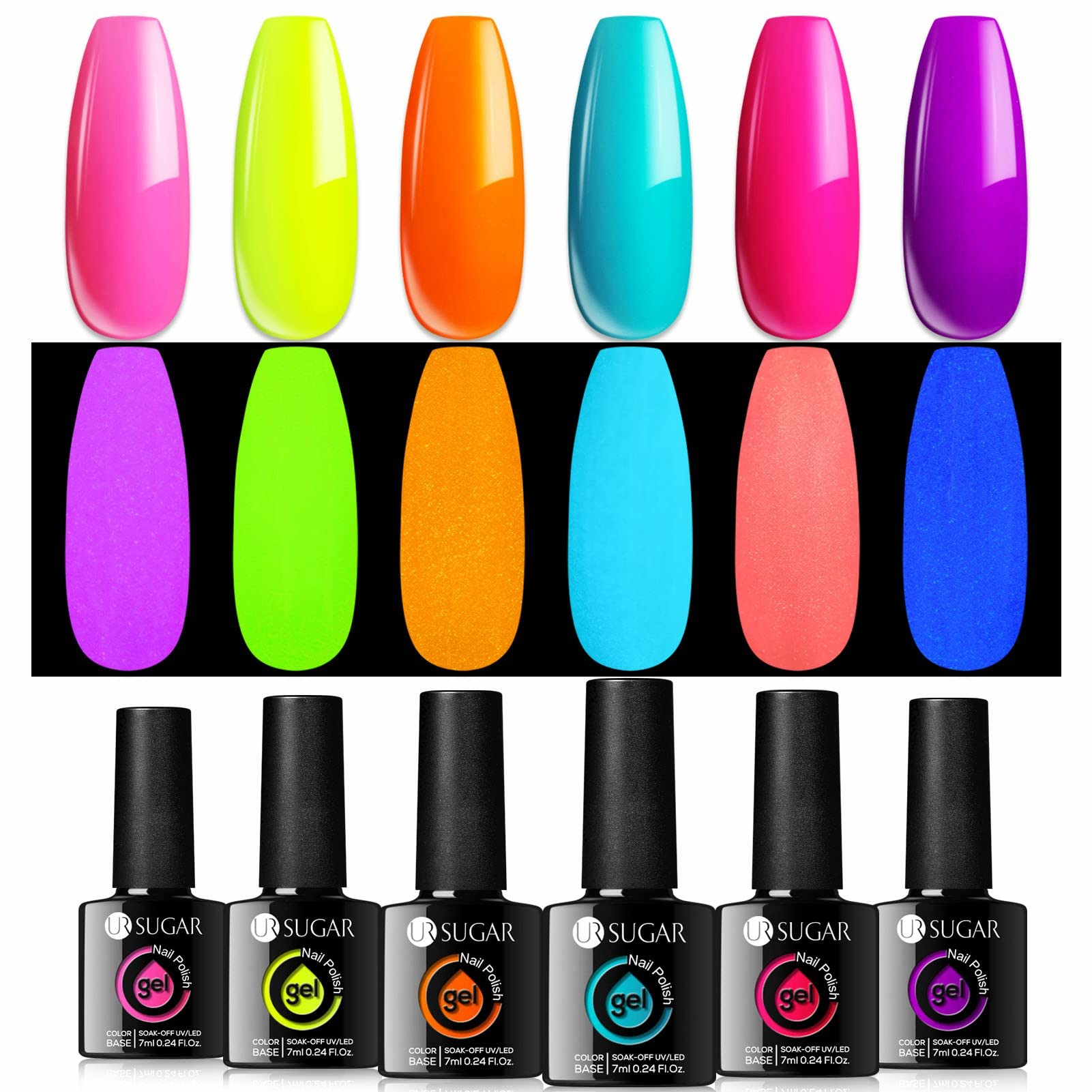 UR SUGAR Glow in the Dark Gel Nail Polish Set - 6 Neon Colors (Hot Pink, Yellow, Orange) for Halloween & Party Nails | Long-Lasting Fluorescent & Luminous Effect | Soak Off UV/LED Gel Polish Kit | Perfect for Night Events, Raves & Nail Art