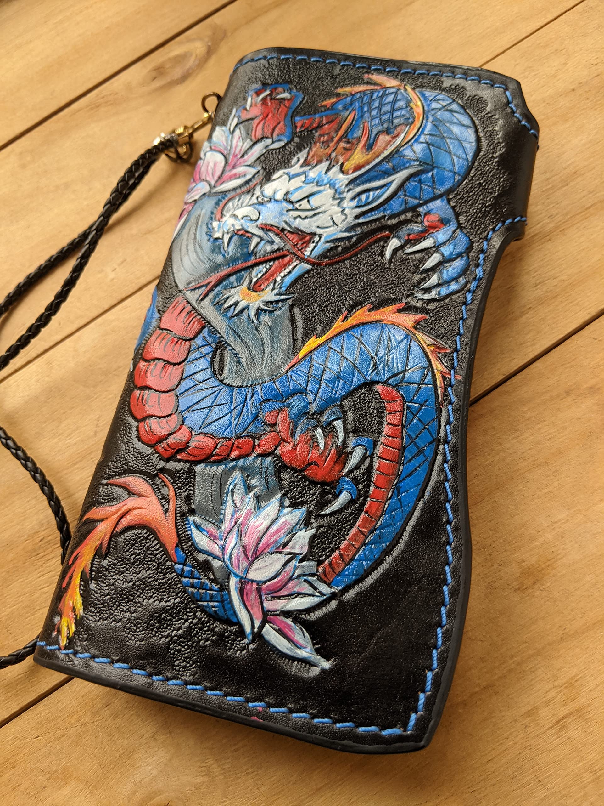 Handcrafted 3D Genuine Leather Wallet for Men - Long Biker Wallet with Intricate Hand-Carved Dragon Design - Custom Personalized Japanese Style Wallet - Perfect for Motorcycle Enthusiasts, Gift Giving & Everyday Use