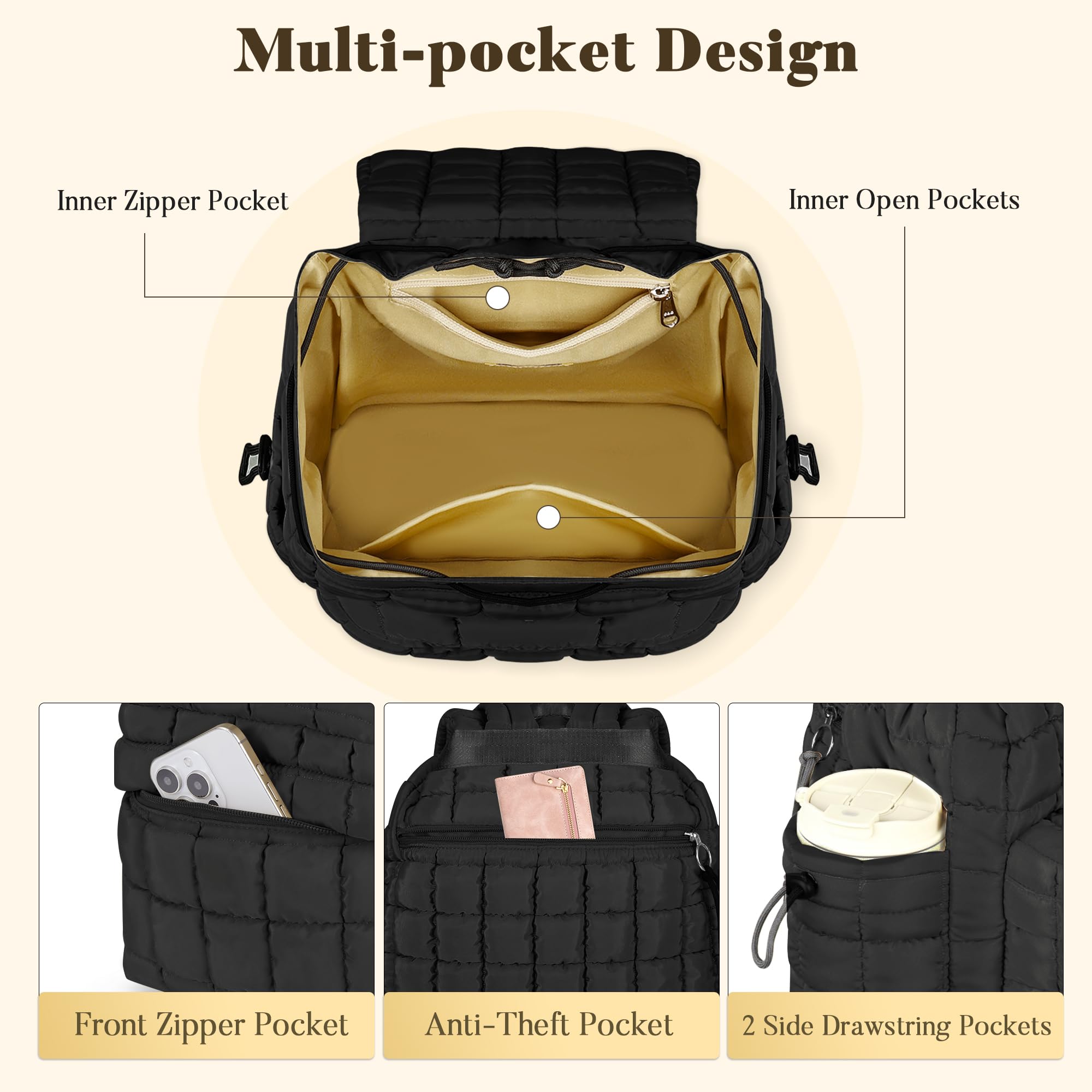 Lightweight Puffer Quilted Travel Backpack for Women - Small Casual Daypack Purse with Fashionable Design - Perfect for Daily Use, Work, School & Weekend Getaways - Grey
