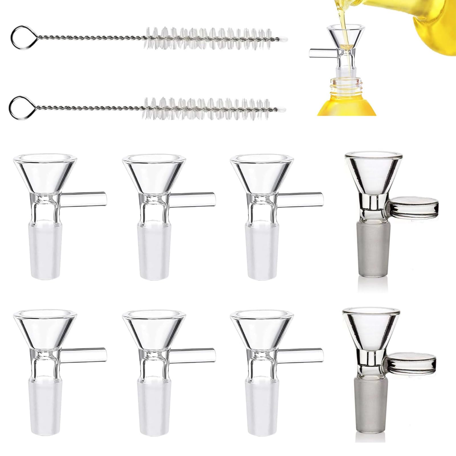 8Pcs Glass Funnel Set with 2Pcs Cleaning Brushes - 14mm Small Glass Funnel with Handle for Kitchen, Lab, Bar - Easy to Clean & Portable Multi-Purpose Funnel for Liquids, Oils, Spices - Perfect for Home Cooking, Cocktail Making & DIY Projects