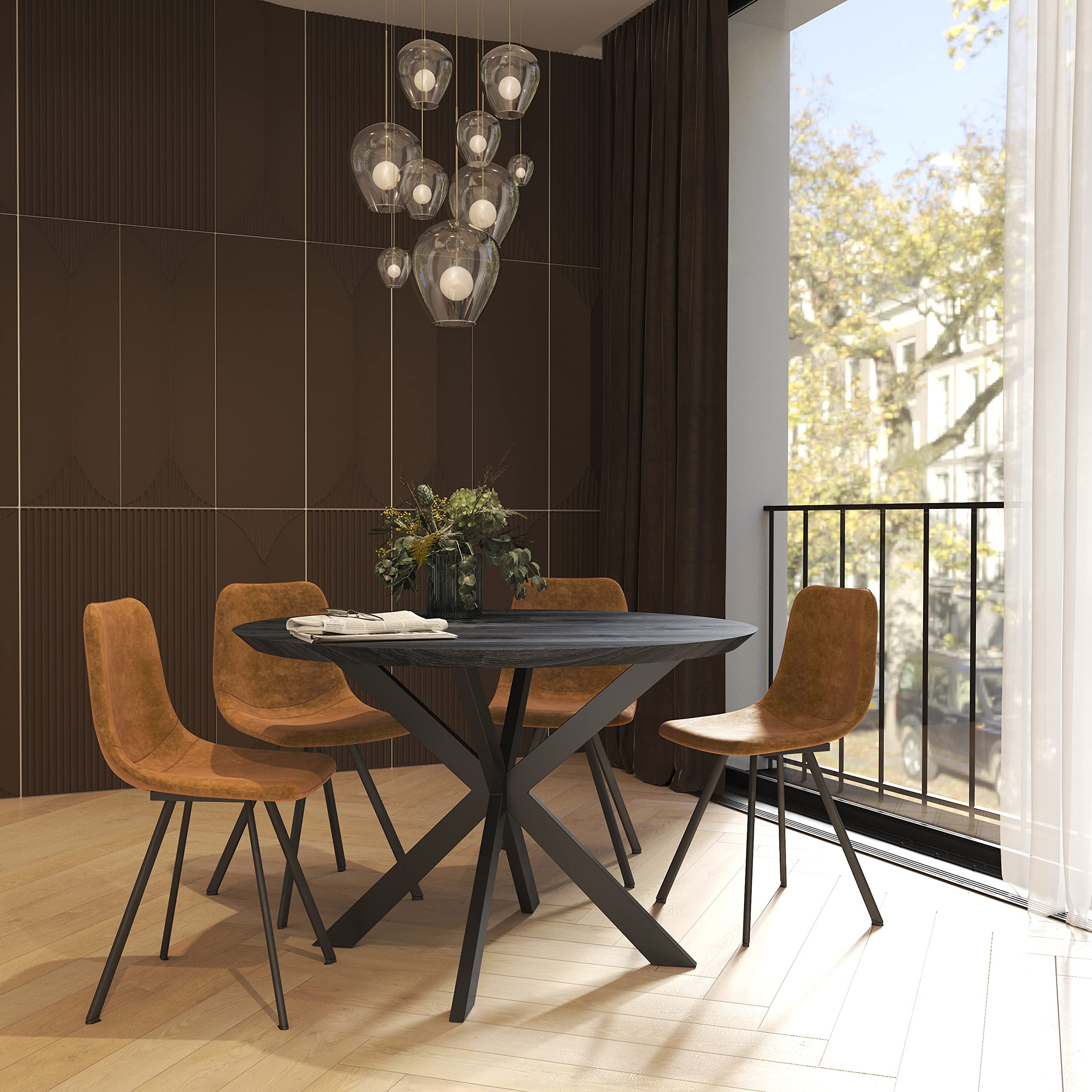 LeisureMod Dining Chairs Set of 2 - Modern Upholstered Leather Accent Chairs with Powder-Coated Metal Base for Dining Room, Living Room & Kitchen (Markley Series, Light Brown) - Perfect for Entertaining Guests & Family Meals