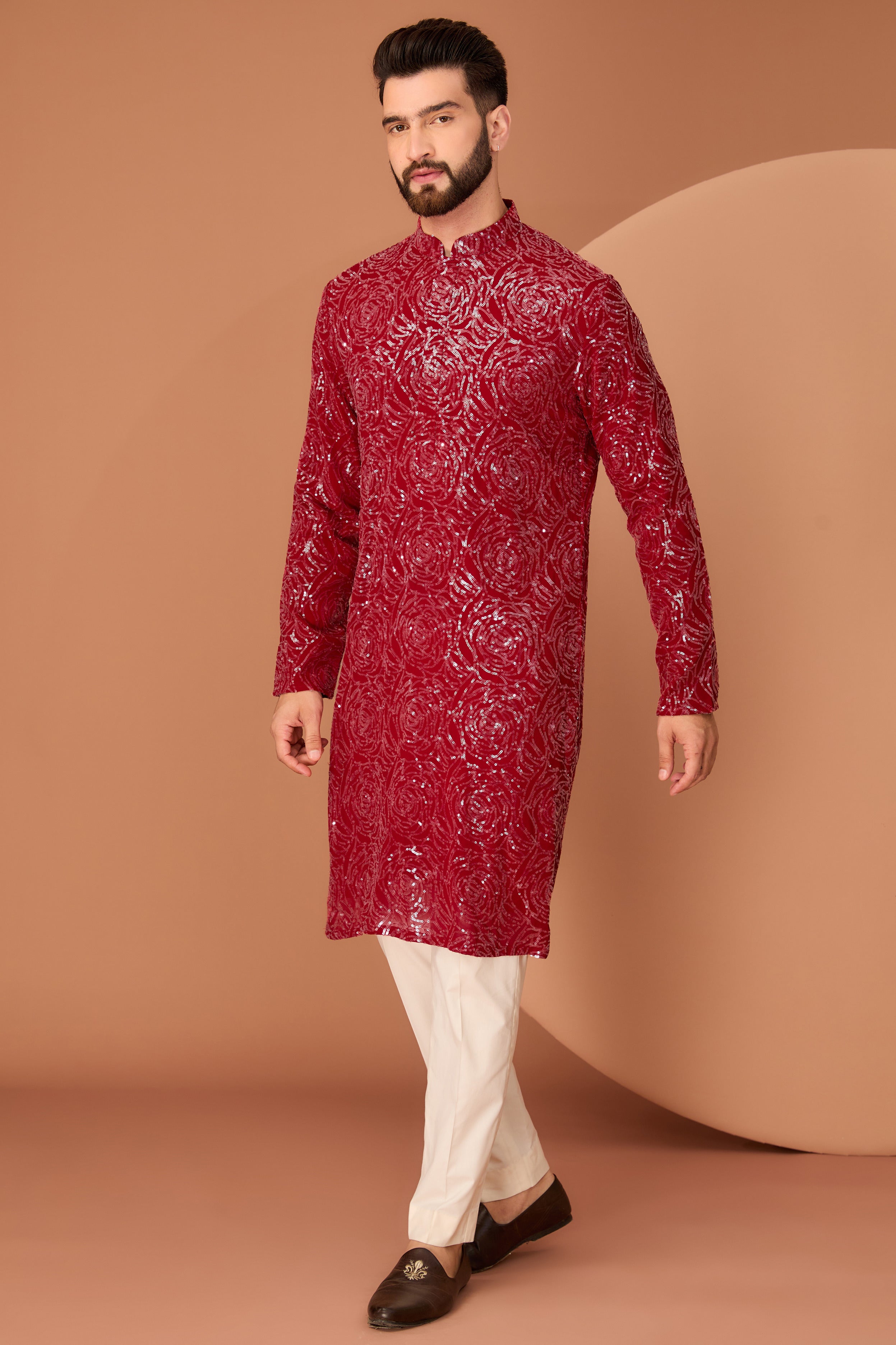 Elegant Red Fully Sequined Kurta with Floral Embroidery - Perfect for Festivals, Weddings, and Special Occasions