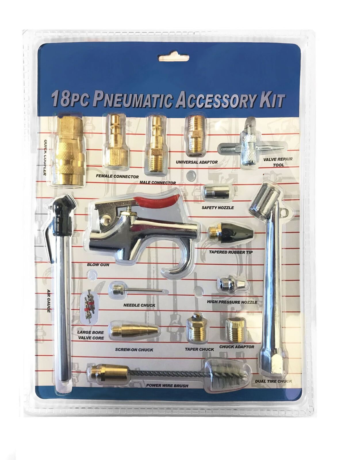 18 Piece Air Compressor Nozzle Set with Air Gauge, Air Gun & Tire Pump - Complete Car Tire Measuring Accessory Kit (Includes Bore Valve) - Perfect for Auto Repair, Tire Inflation & DIY Projects
