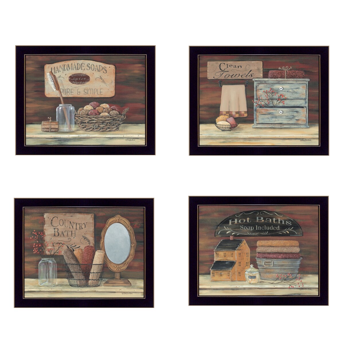 Pam Britton Black Frame 4-Piece Bathroom Wall Art Set - Perfect for Bathroom Decor, Home Decor, and Housewarming Gifts