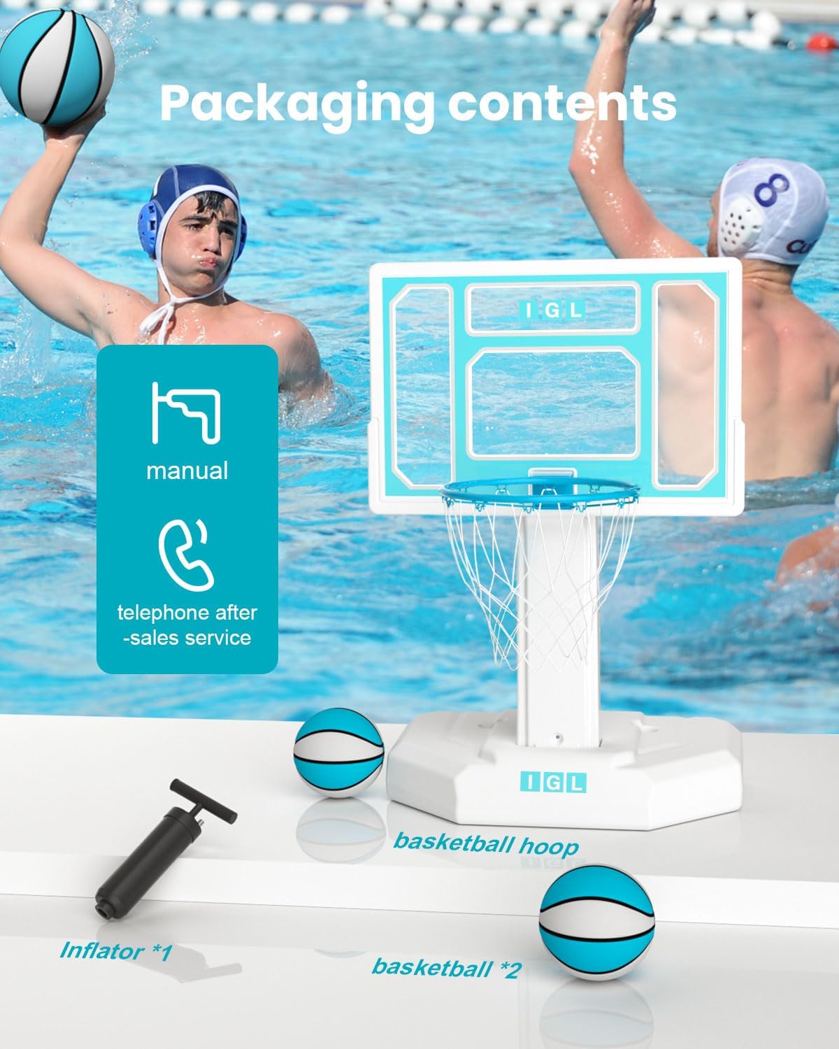 IGL Outdoor Pool Basketball Hoop - Stainless Steel Rim with Double Water Storage Base, Includes 2 Balls & Pump - Perfect for Backyard Pool Games, Summer Parties, and Family Fun Activities