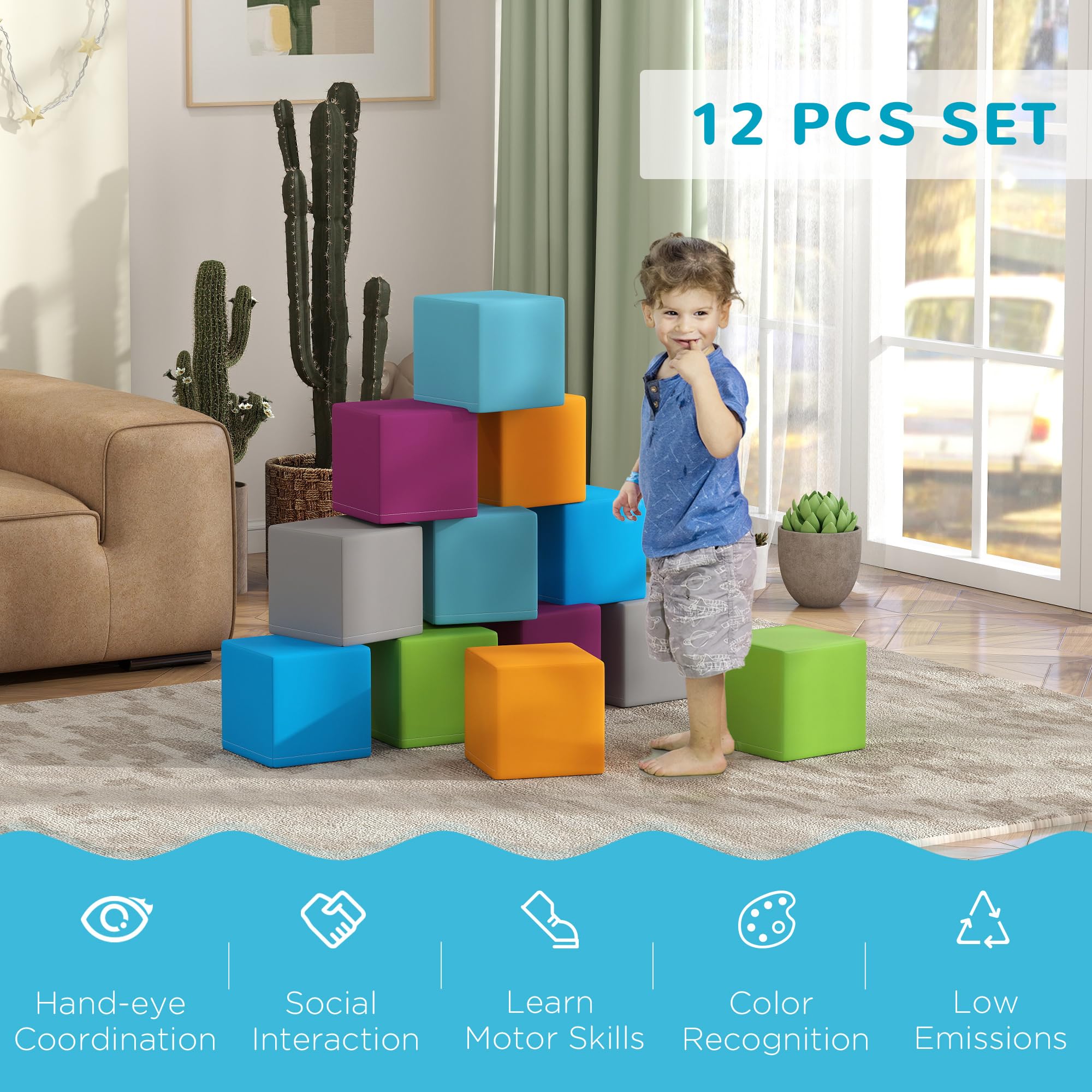 Soozier 12-Piece Soft Foam Blocks Set - Safe Toddler Climbing Toys & Preschool Learning Equipment for Kids | Indoor Playroom, Daycare & Home Activity Gyms