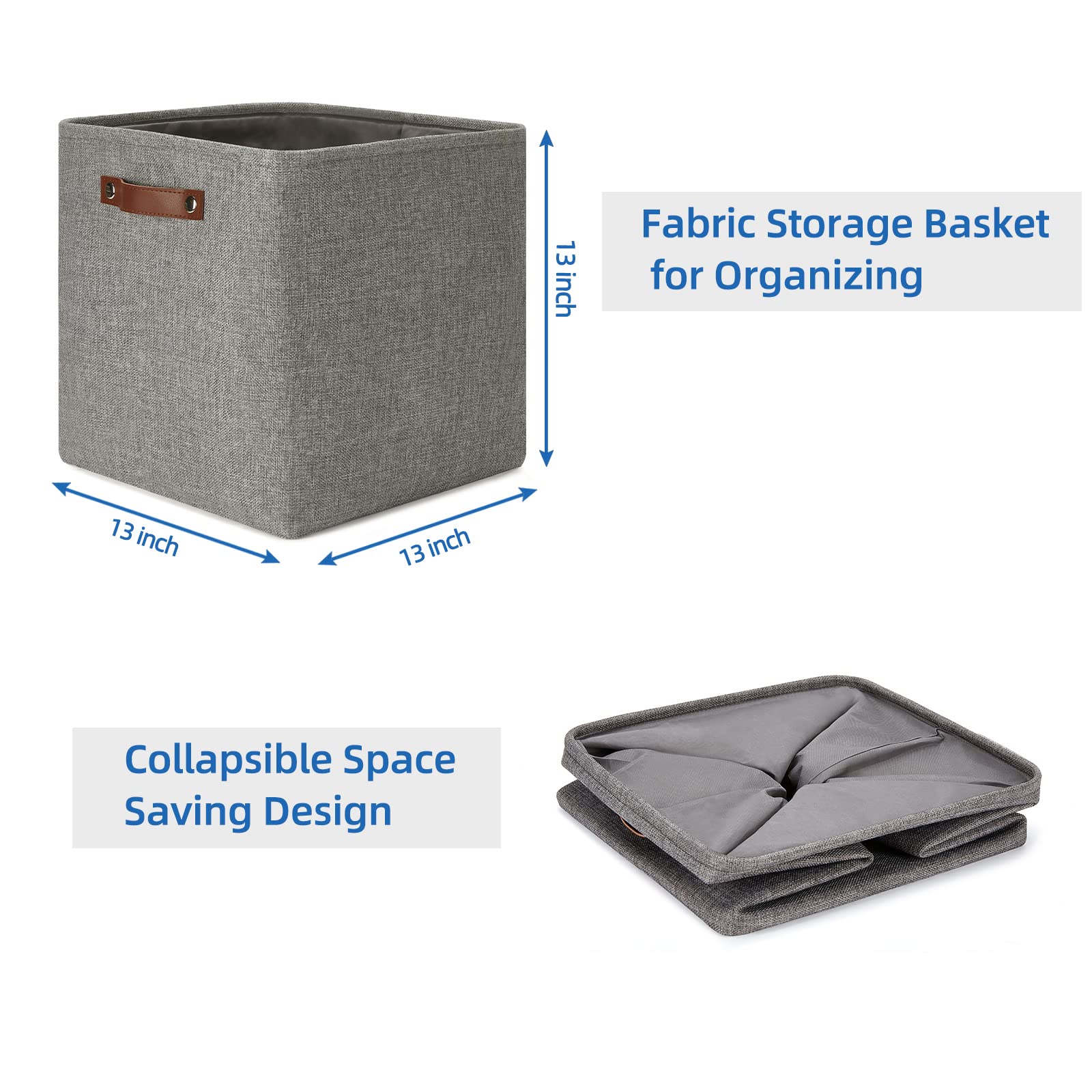 13 Inch Fabric Storage Cubes with Leather Handles - Set of 4 Grey Organizer Bins for Shelves, Home & Office - Perfect for Toys, Books, Clothes and Home Organization