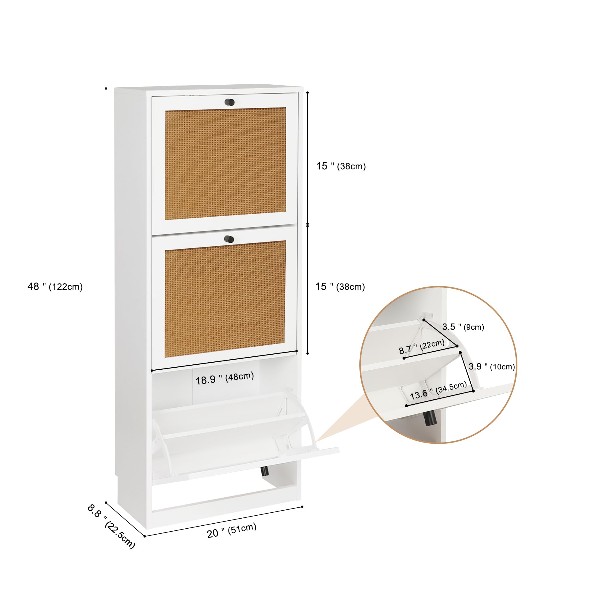 Anmytek 3-Tier Rattan Shoe Storage Cabinet with Flip Drawers - White Entryway Organizer for Hallway, Living Room & Bedroom | Wooden Shoe Rack with 3 Compartments | Perfect for Small Spaces & Home Decor (Model S0003)