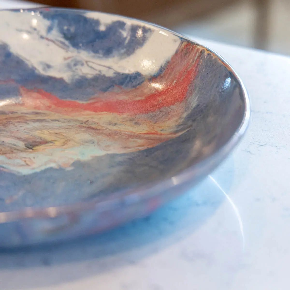 Large Stoneware Nerikomi Decorative Serving Bowl - Handcrafted Blue, Red, Teal & Cream Ceramic Bowl for Dining & Entertaining | Perfect for Salads, Pasta, Fruit Display & Home Decor
