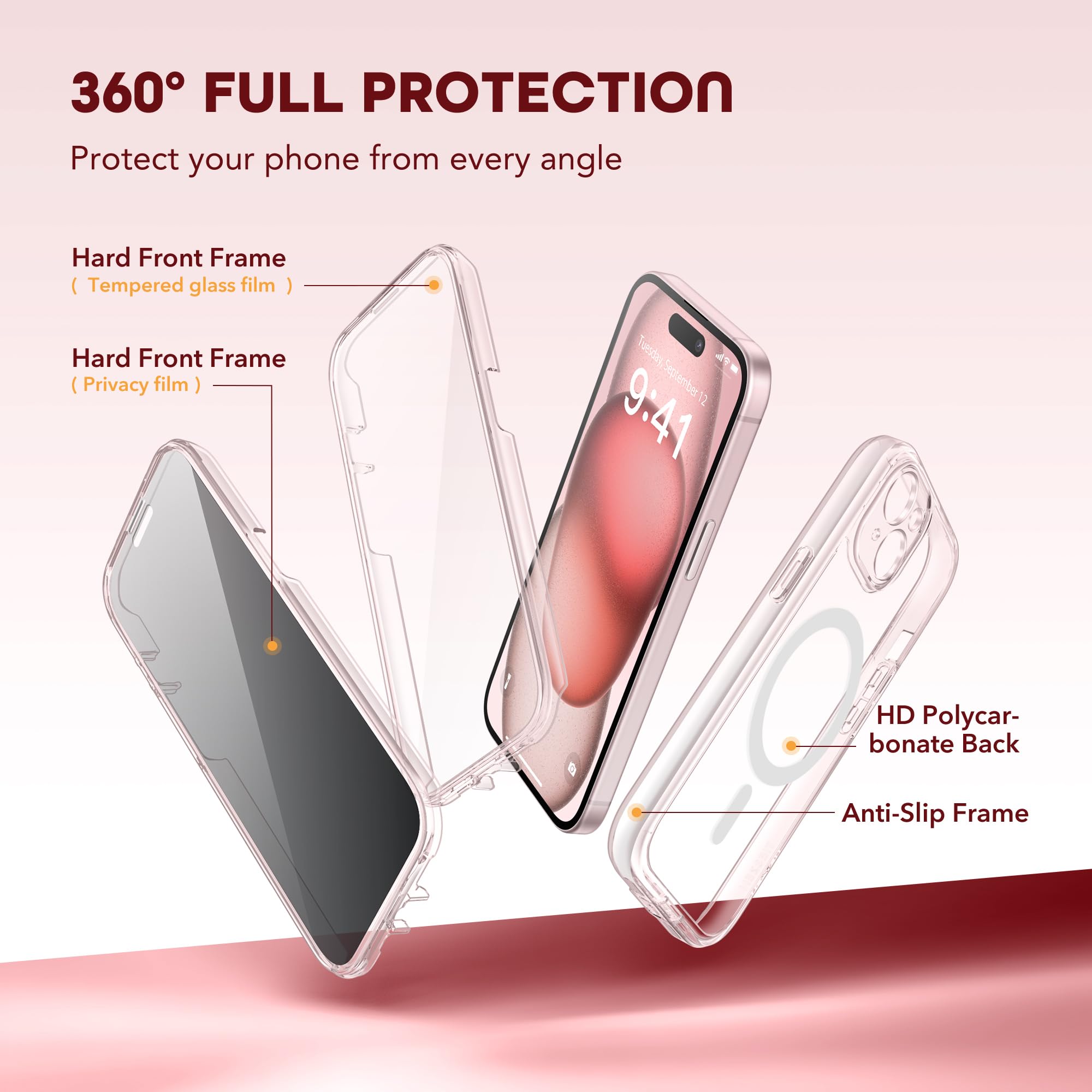 Magnetic iPhone 15 Plus Case with Magsafe Compatibility - Dustproof Design, Built-in Privacy Screen Protector, 9H Tempered Glass & Upgraded Camera Protection - Clear Protective Cover for Work, Travel & Daily Use